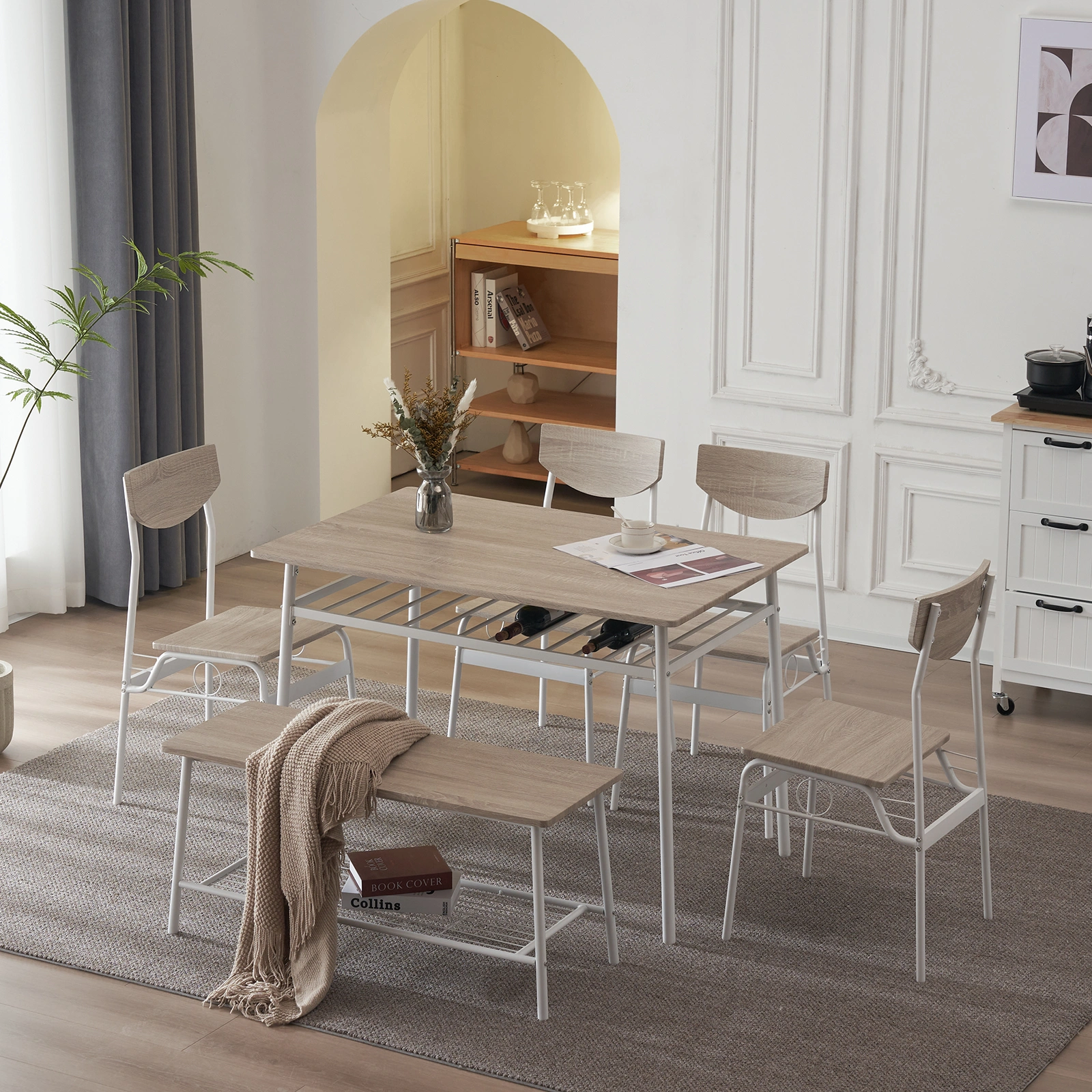 Modern 6-Piece Dining Set with Storage Racks, Rectangular Table, 4 Chairs & Bench, Steel Frame, White Oak view 21