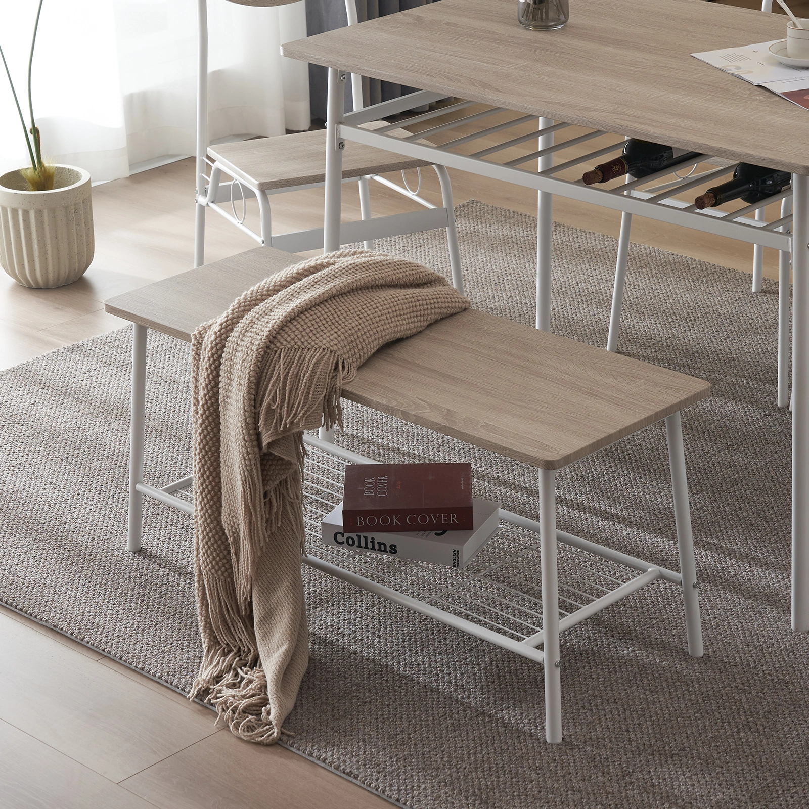 Modern 6-Piece Dining Set with Storage Racks, Rectangular Table, 4 Chairs & Bench, Steel Frame, White Oak view 25