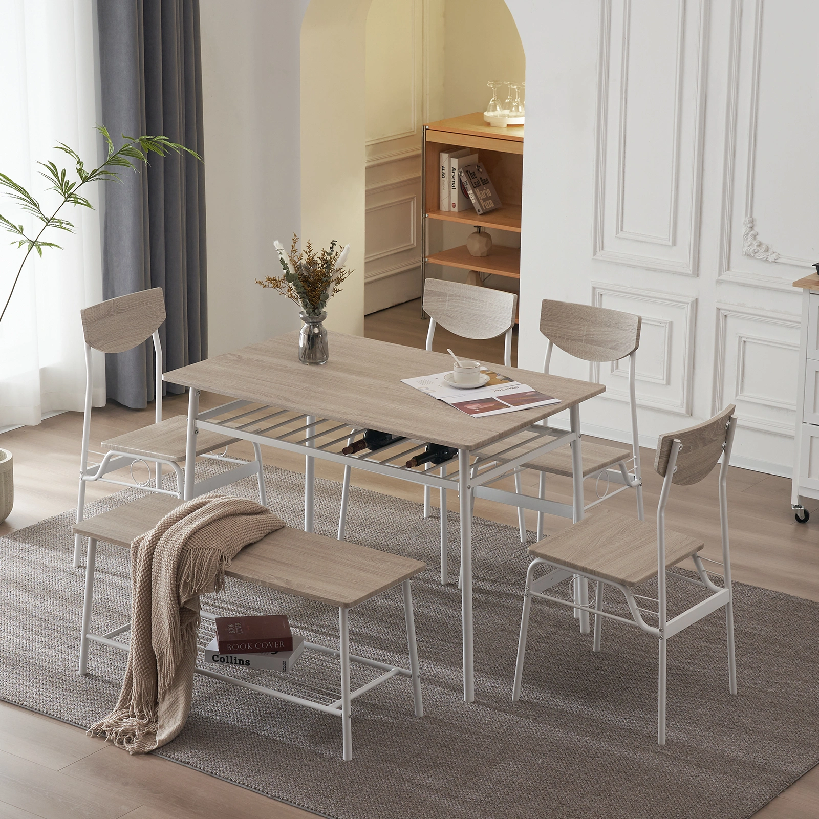 Modern 6-Piece Dining Set with Storage Racks, Rectangular Table, 4 Chairs & Bench, Steel Frame, White Oak view 26