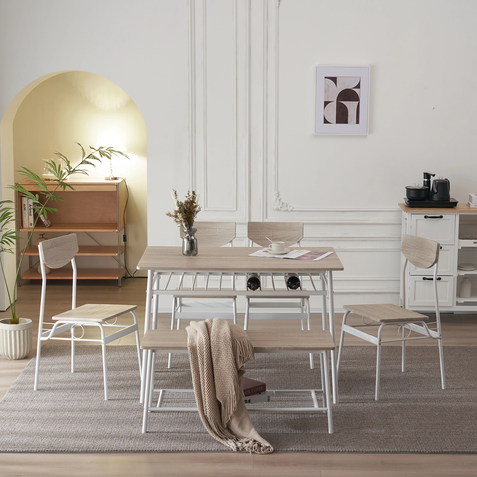 Modern 6-Piece Dining Set with Storage Racks, Rectangular Table, 4 Chairs & Bench, Steel Frame, White Oak view 27