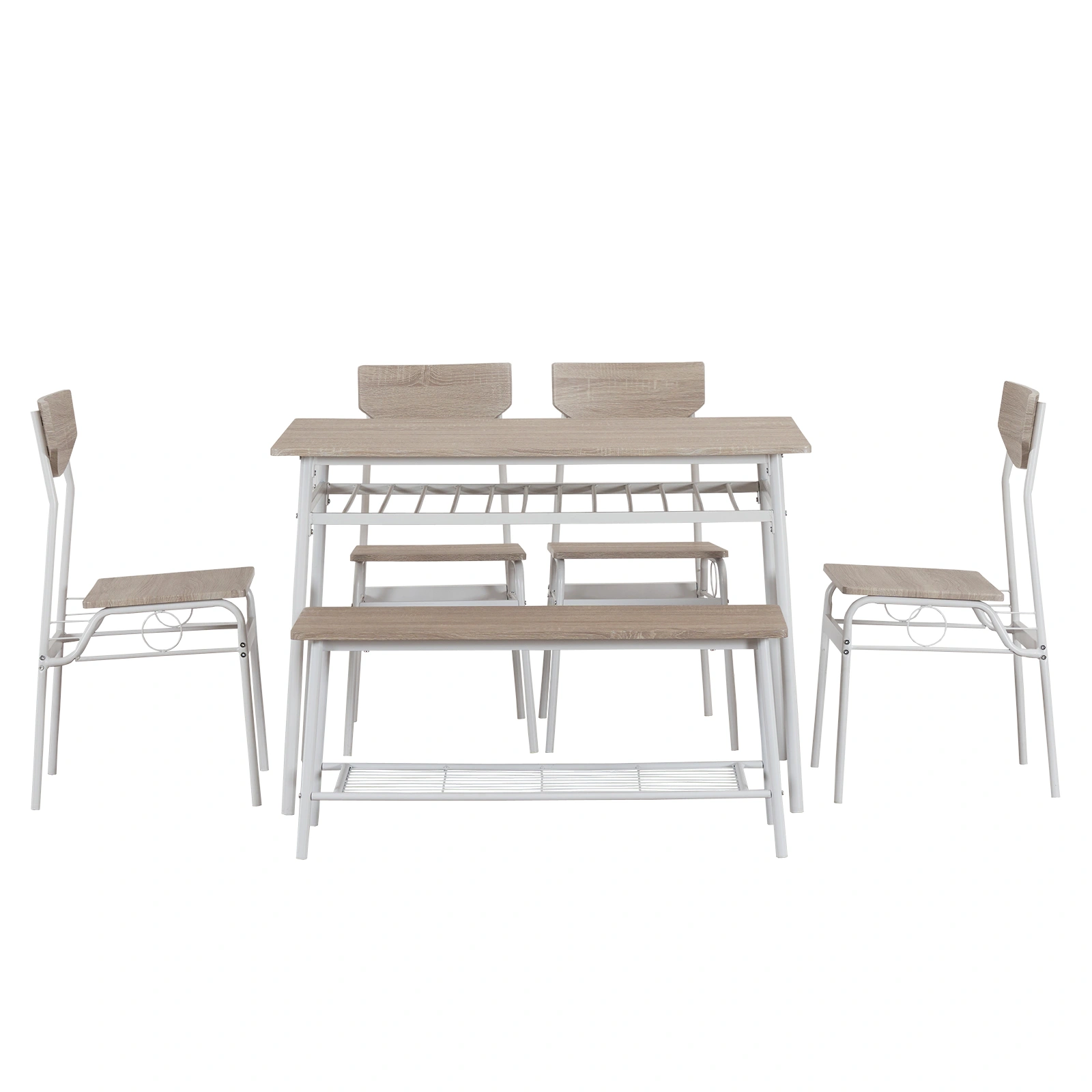 Modern 6-Piece Dining Set with Storage Racks, Rectangular Table, 4 Chairs & Bench, Steel Frame, White Oak view 9