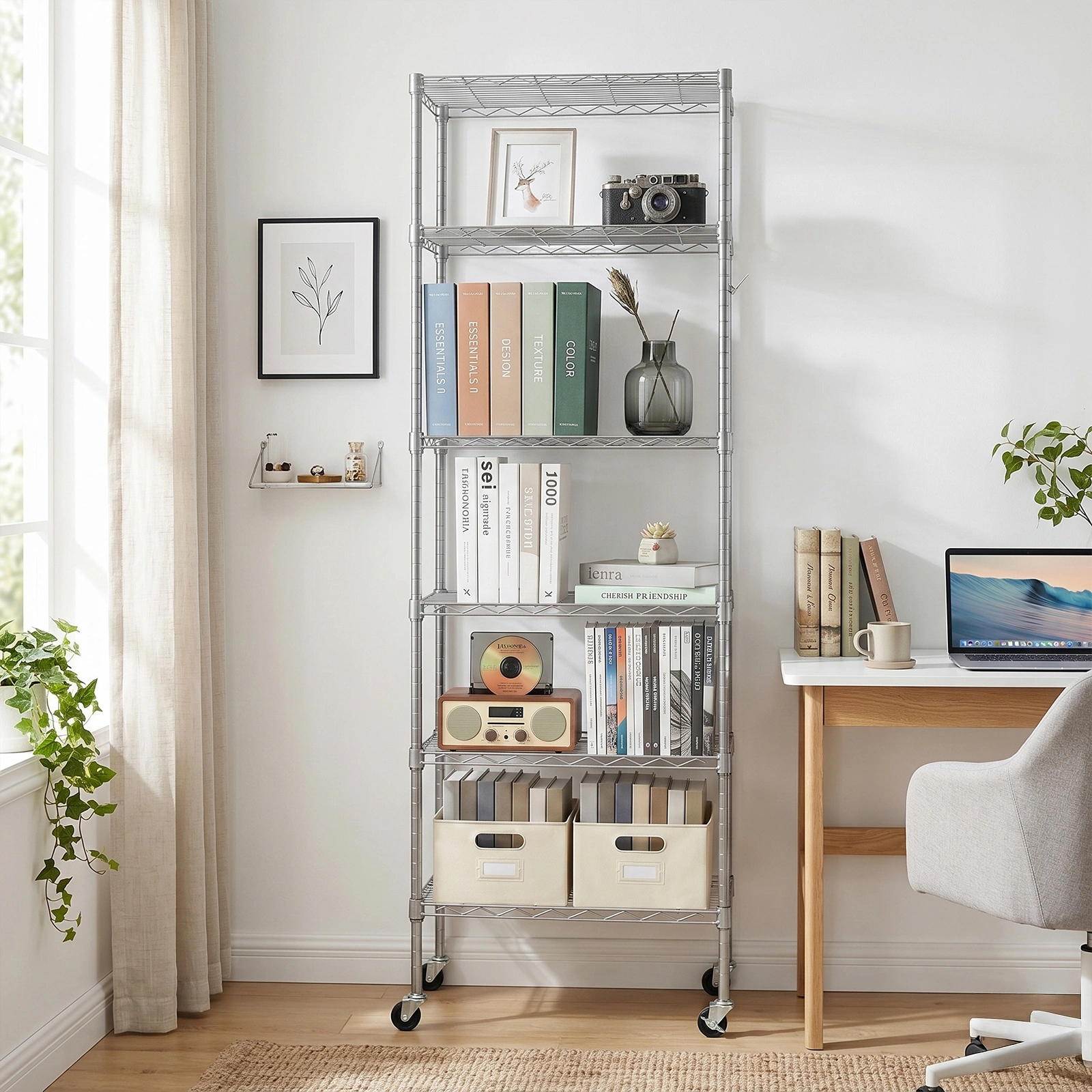 6-layer display rack with adjustable layer spacing, freely combinable and detachable, featuring a row of 6 side hooks, adjustable feet and wheels. Made of iron, 55*30*165cm, powder-coated silver-gray
