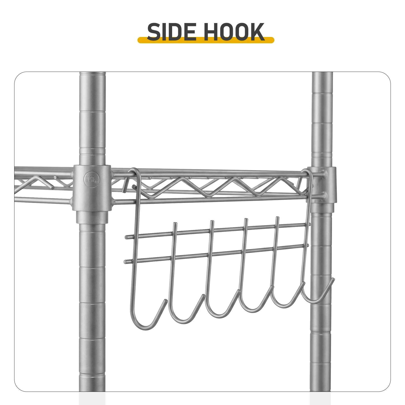 6-layer display rack with adjustable layer spacing, freely combinable and detachable, featuring a row of 6 side hooks, adjustable feet and wheels. Made of iron, 55*30*165cm, powder-coated silver-gray view 12