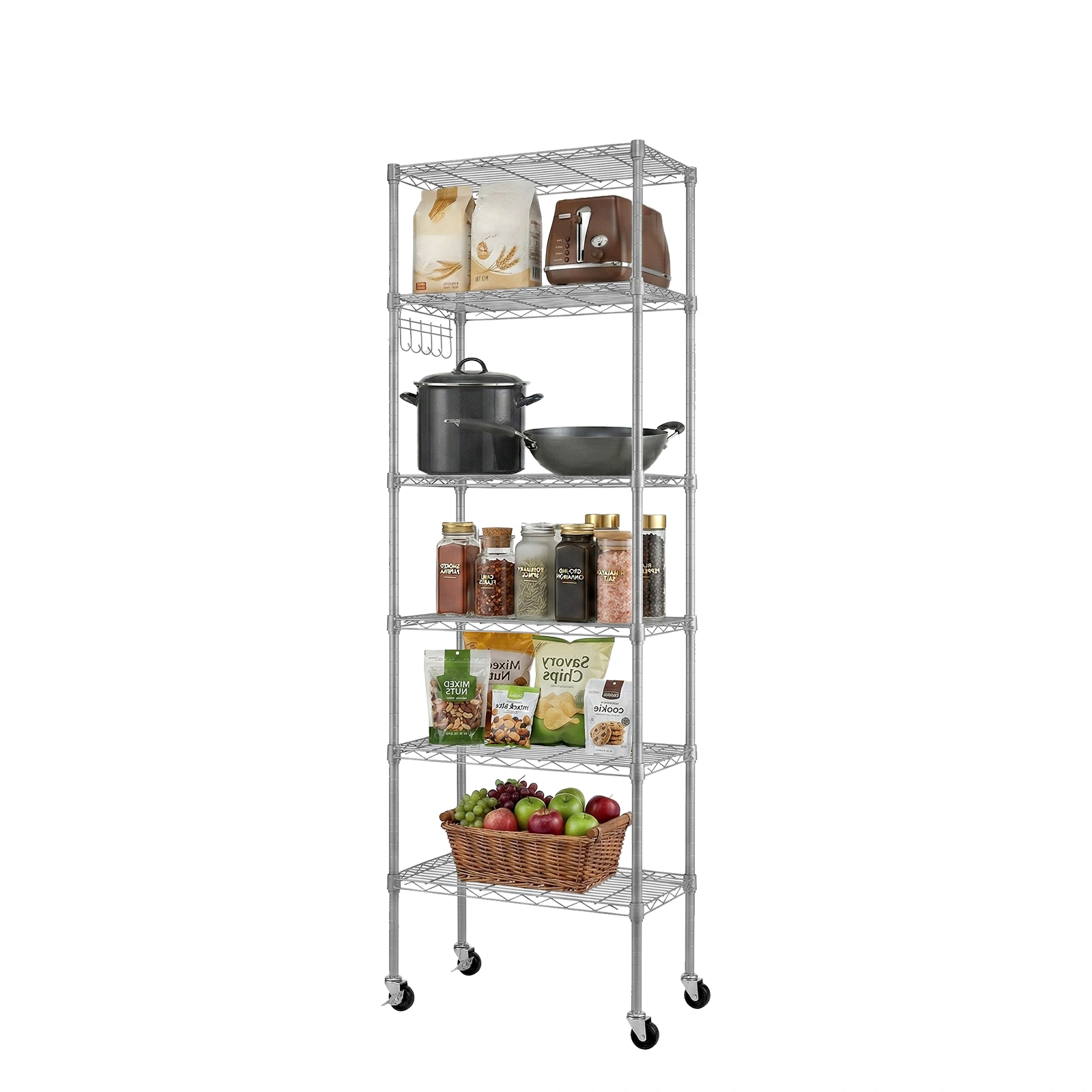 6-layer display rack with adjustable layer spacing, freely combinable and detachable, featuring a row of 6 side hooks, adjustable feet and wheels. Made of iron, 55*30*165cm, powder-coated silver-gray view 2