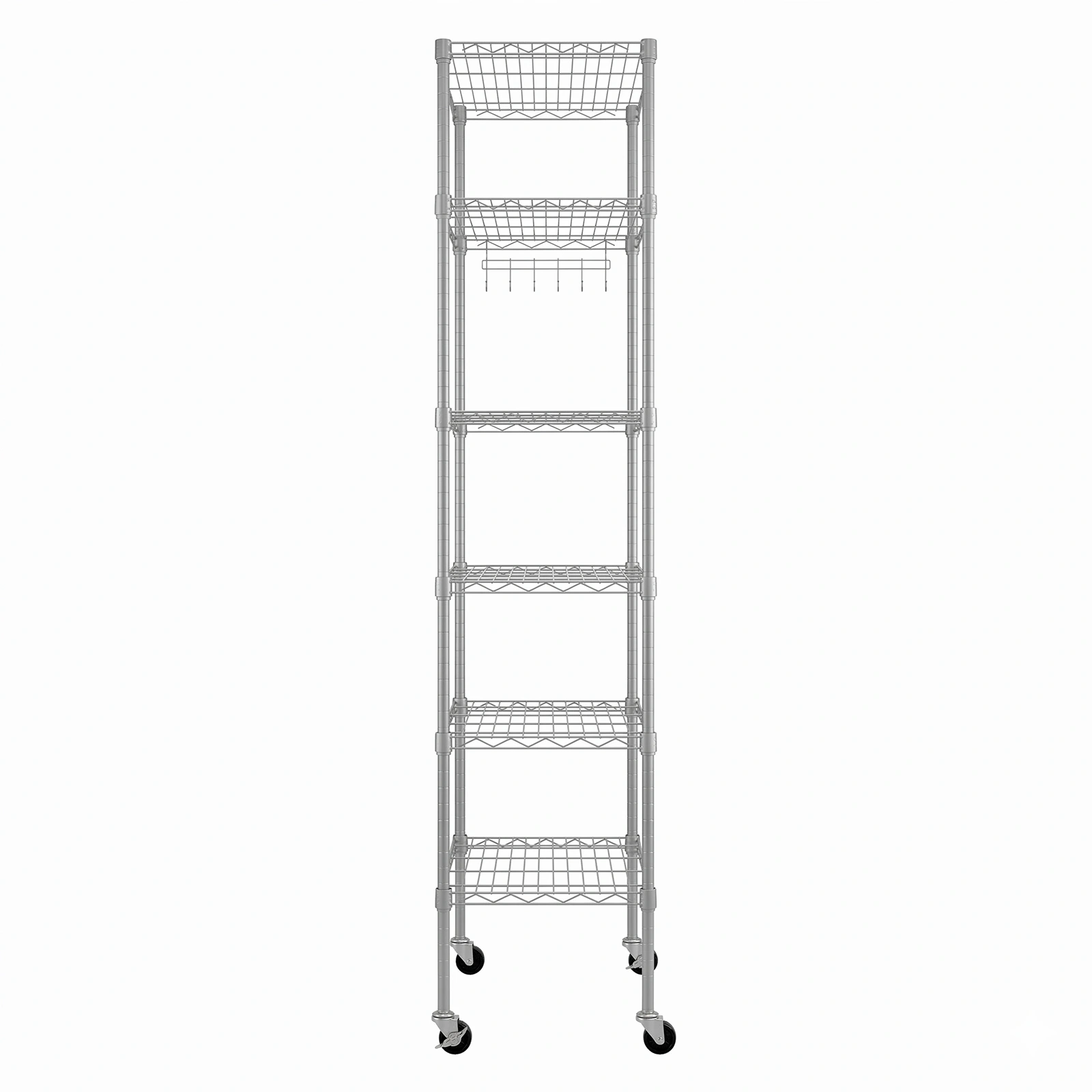 6-layer display rack with adjustable layer spacing, freely combinable and detachable, featuring a row of 6 side hooks, adjustable feet and wheels. Made of iron, 55*30*165cm, powder-coated silver-gray view 5