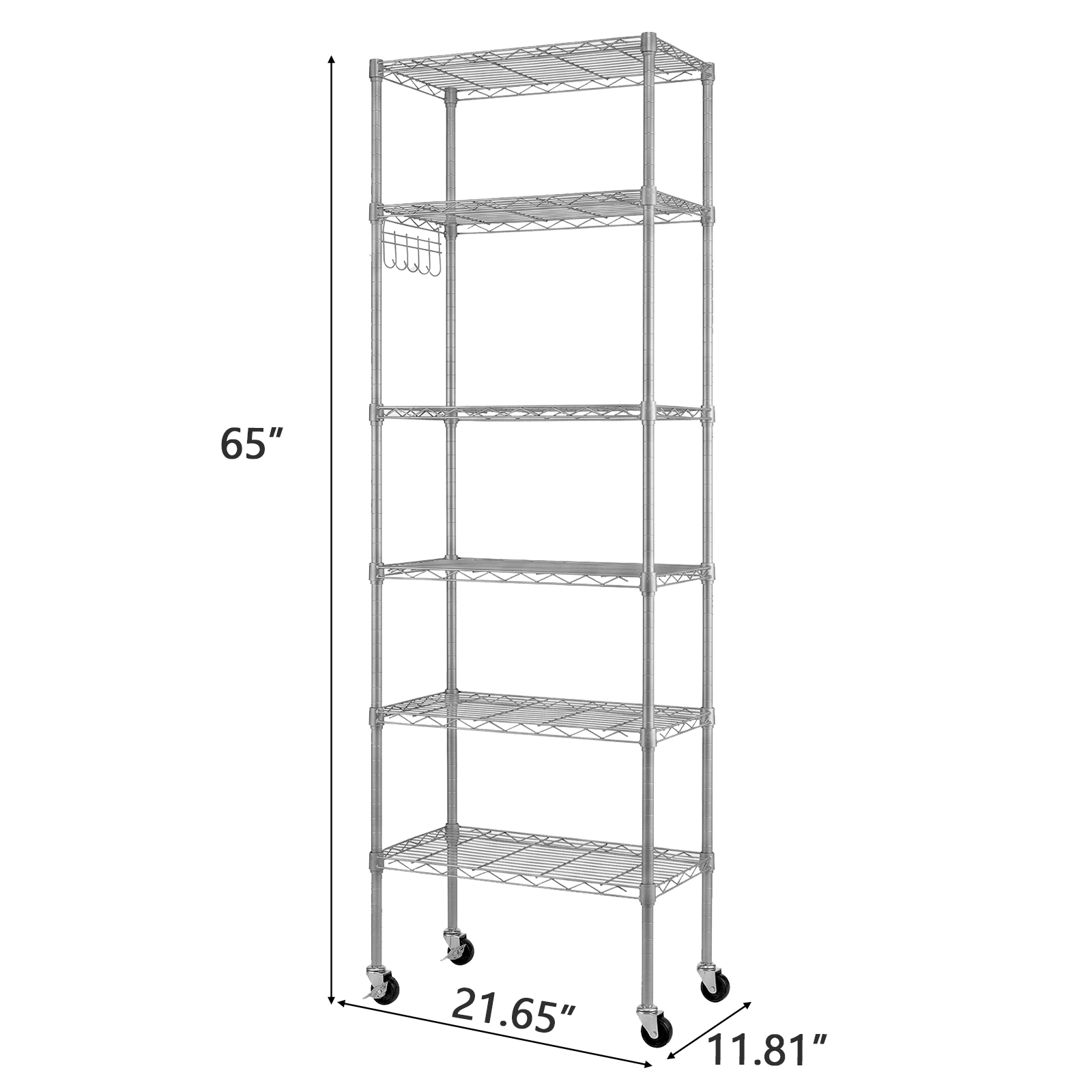 6-layer display rack with adjustable layer spacing, freely combinable and detachable, featuring a row of 6 side hooks, adjustable feet and wheels. Made of iron, 55*30*165cm, powder-coated silver-gray view 6