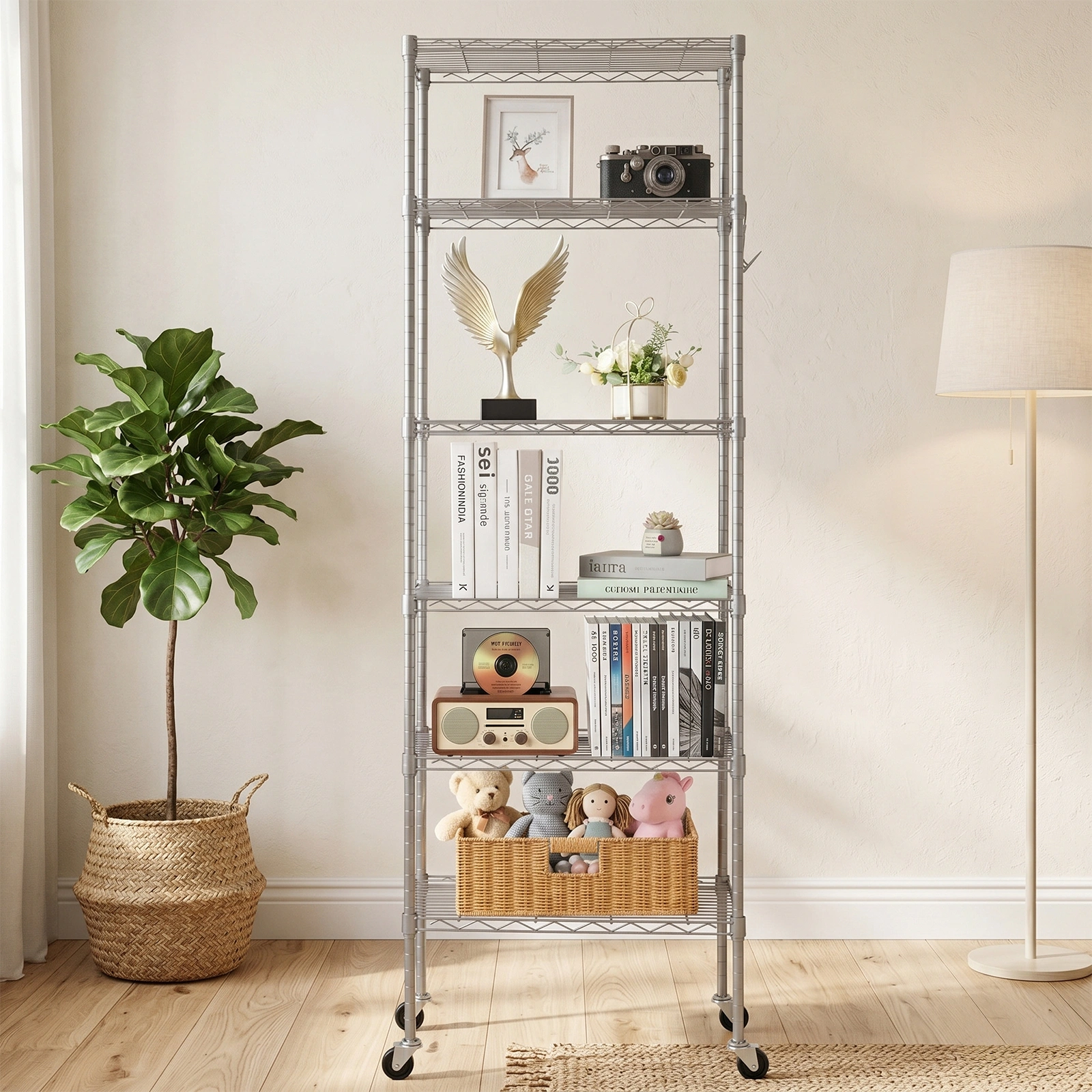 6-layer display rack with adjustable layer spacing, freely combinable and detachable, featuring a row of 6 side hooks, adjustable feet and wheels. Made of iron, 55*30*165cm, powder-coated silver-gray view 7