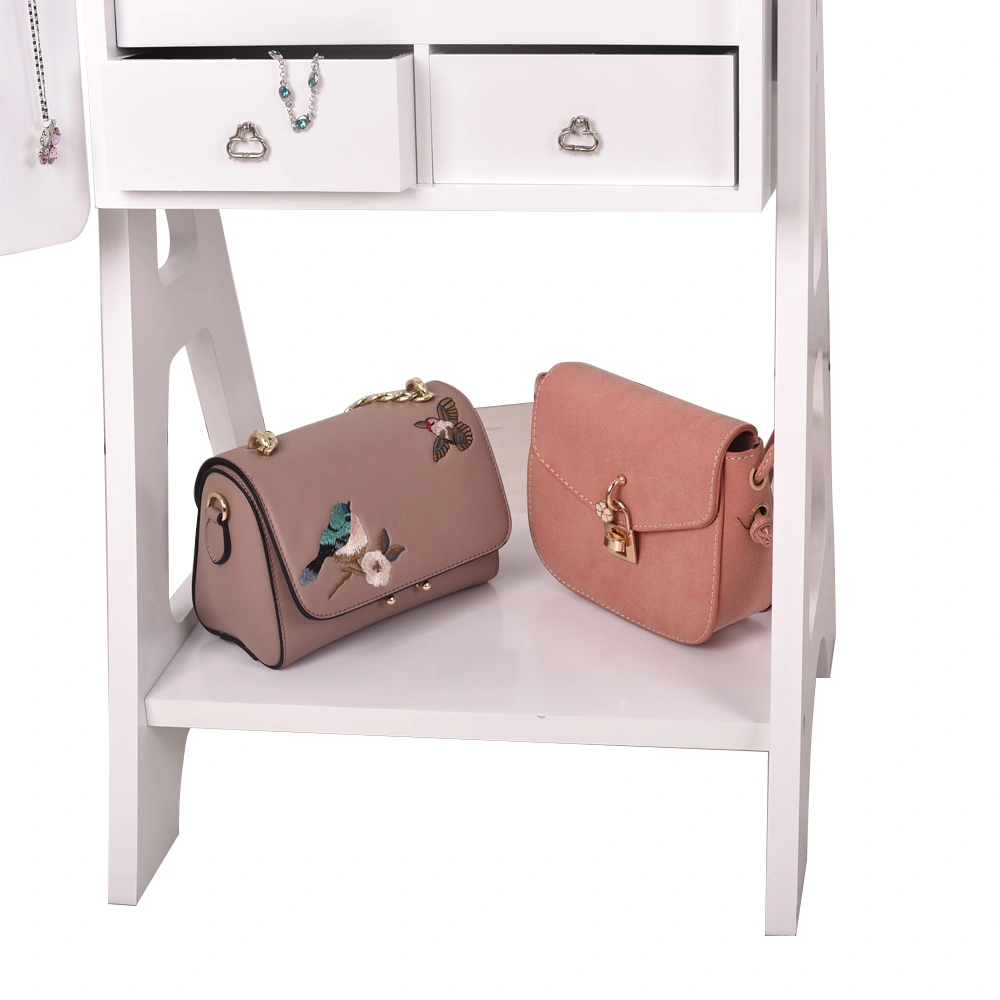Floor Standing Full Length Makeup Mirror Cabinet, 2-Door 4-Layer Storage, White Painted Jewelry Armoire with Full Mirror view 2