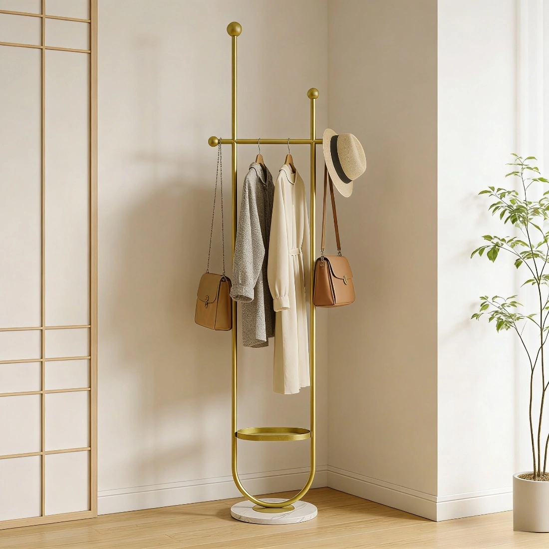 Clothing Rack, Golden Metal Freestanding Heavy Duty Clothes Rack with Marble Base, Multipurpose Garment Hanger for Bedroom, Hat, Scarf, Jacket view 7