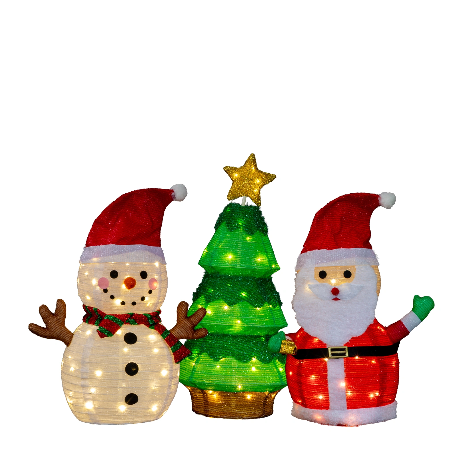 Set of 3 Lighted Santa Snowman & Xmas Tree Holiday Decor, Pre-lit Pull Up with 150 Warm White LED Lights, Indoor Outdoor Xmas Display