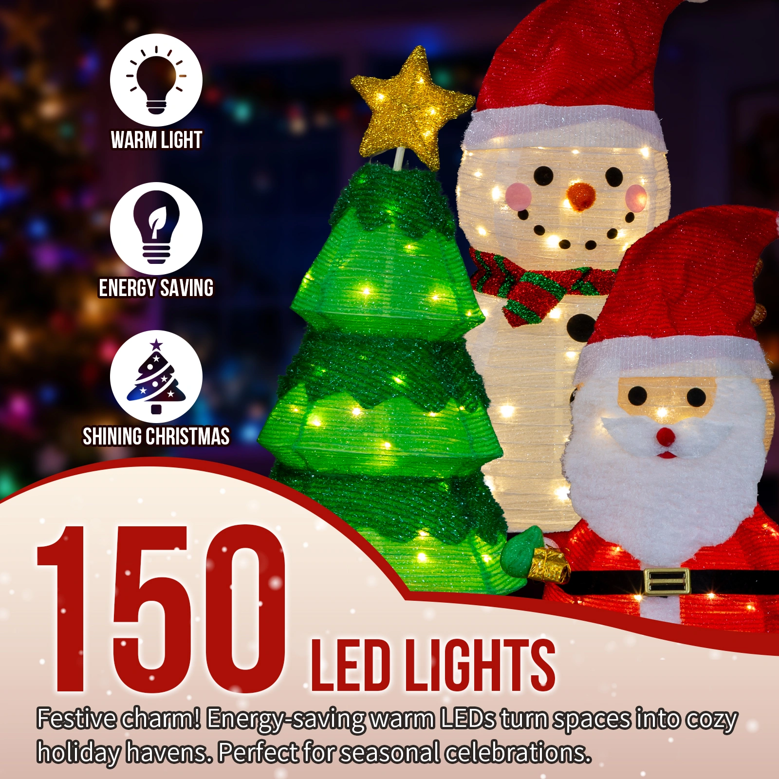Set of 3 Lighted Santa Snowman & Xmas Tree Holiday Decor, Pre-lit Pull Up with 150 Warm White LED Lights, Indoor Outdoor Xmas Display view 3
