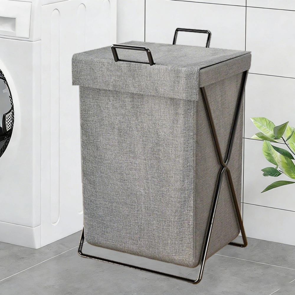 Folding Laundry Basket Hamper with Lid, Large Clothes Storage Bin Bag for Dirty Washing - Grey view 4