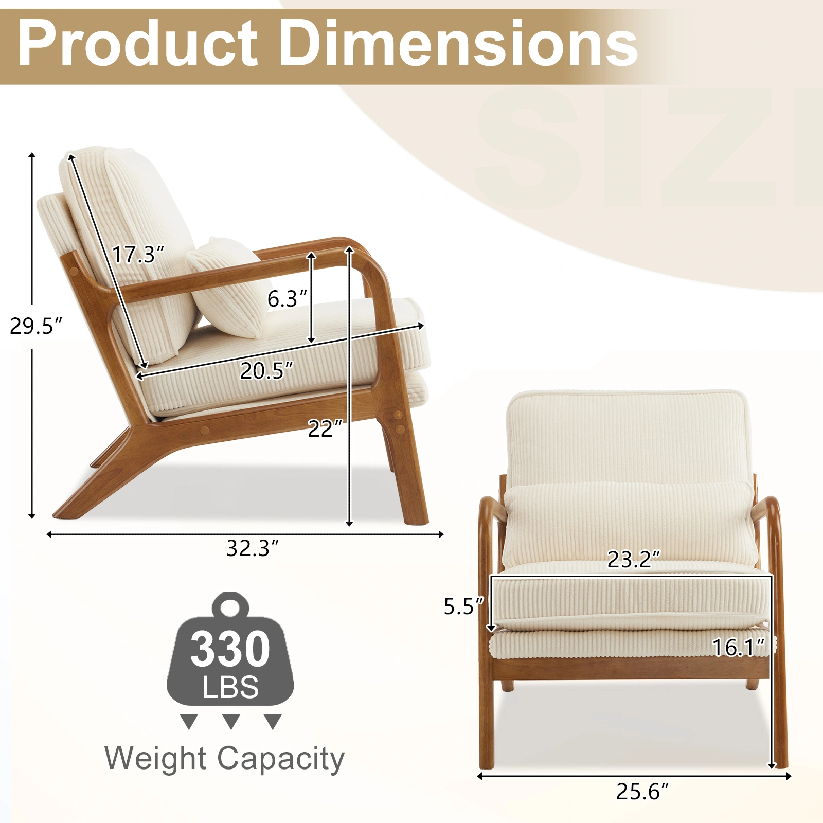 Low Arm Accent Chair - Off-White Corduroy Upholstered Indoor Lounge Chair, Compact Single Seater with Sturdy Frame (330LBS Weight Capacity) view 2