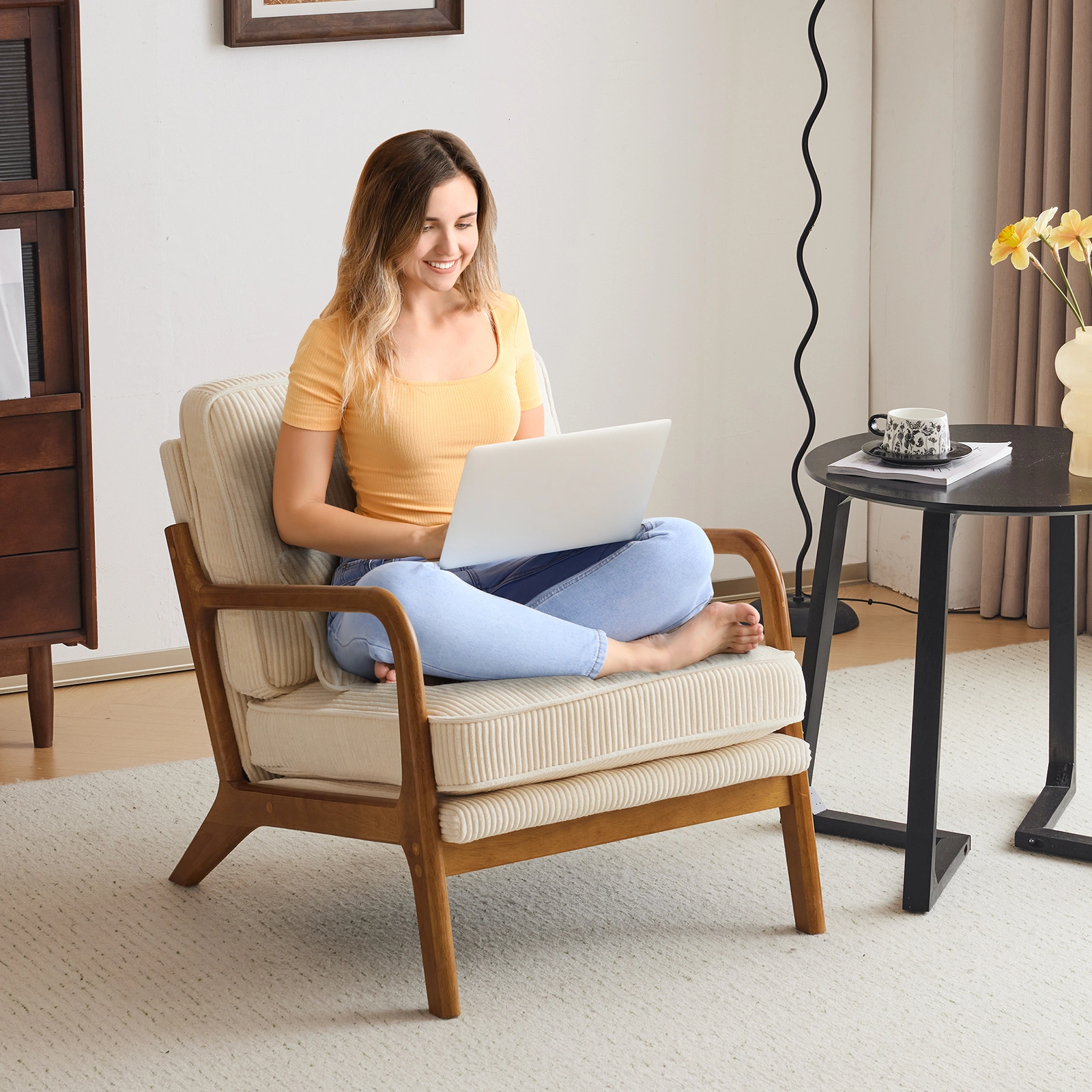 Low Arm Accent Chair - Off-White Corduroy Upholstered Indoor Lounge Chair, Compact Single Seater with Sturdy Frame (330LBS Weight Capacity) view 23