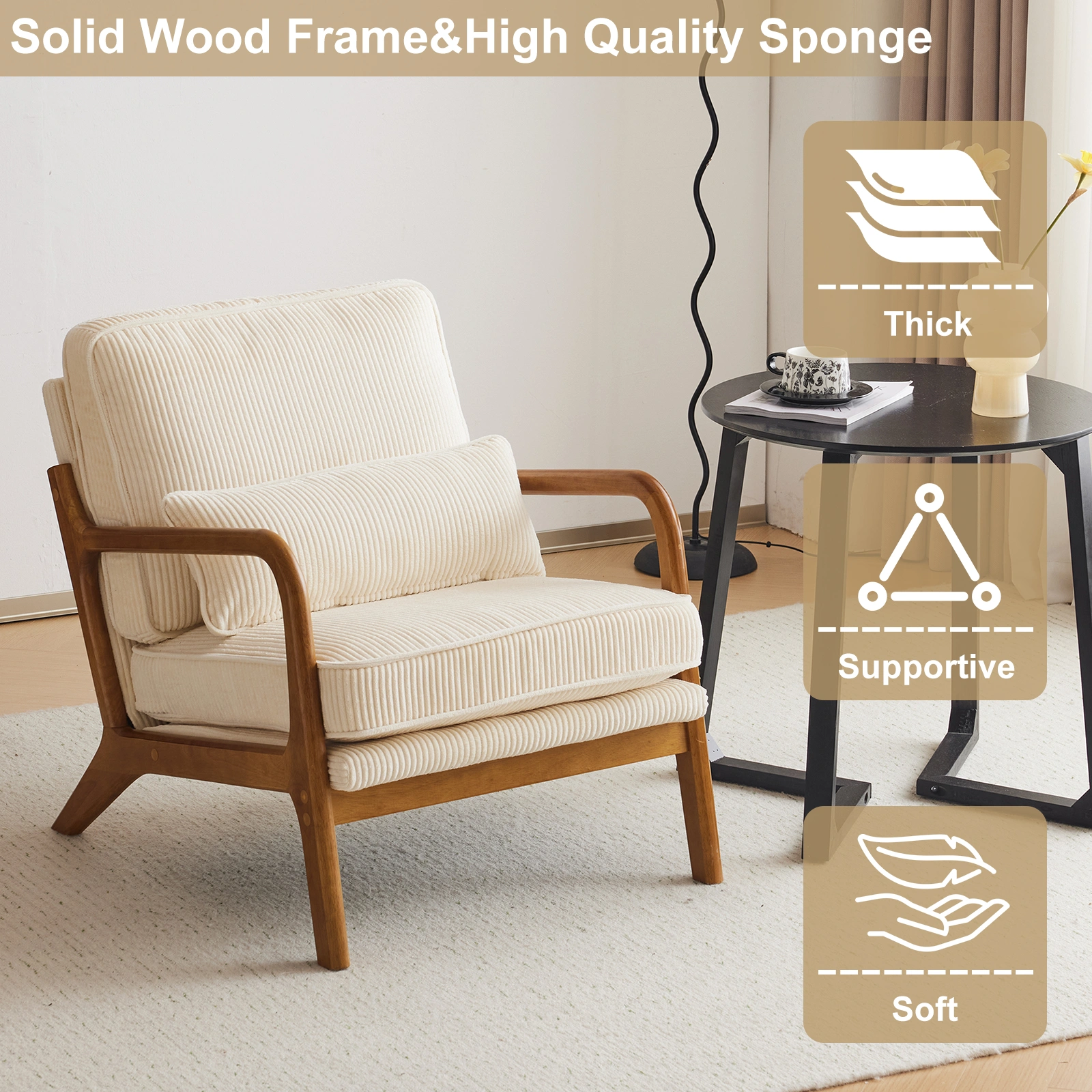 Low Arm Accent Chair - Off-White Corduroy Upholstered Indoor Lounge Chair, Compact Single Seater with Sturdy Frame (330LBS Weight Capacity) view 7