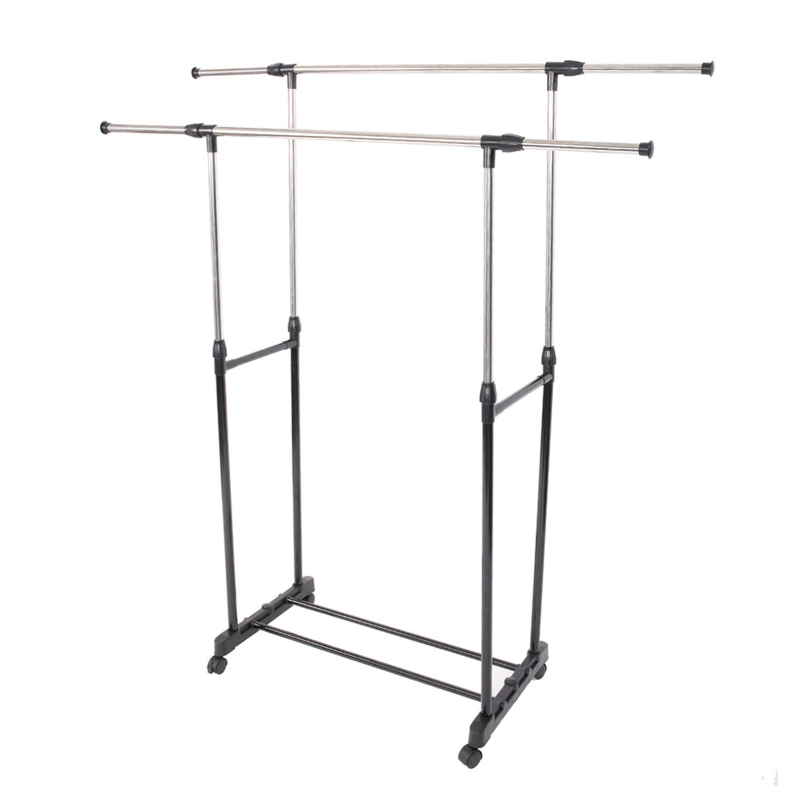 YJ-04 Dual-Bar Clothes Rack, Vertical & Horizontal Stretching Stand with Shoe Shelf, Black & Silver