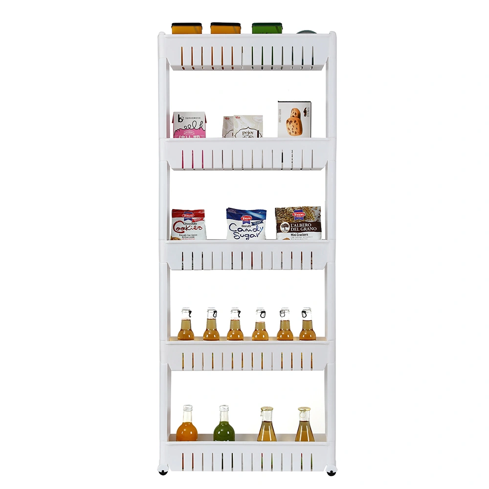5 Tier Mobile Shelving Unit Organizer Slide Out Storage Tower Slim Storage Tower Rack with Wheels Pull Out Pantry Shelves Cart for Kitchen Bath Room Narrow Spaces-White view 2
