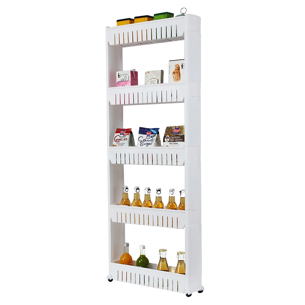 5 Tier Mobile Shelving Unit Organizer Slide Out Storage Tower Slim Storage Tower Rack with Wheels Pull Out Pantry Shelves Cart for Kitchen Bath Room Narrow Spaces-White view 3