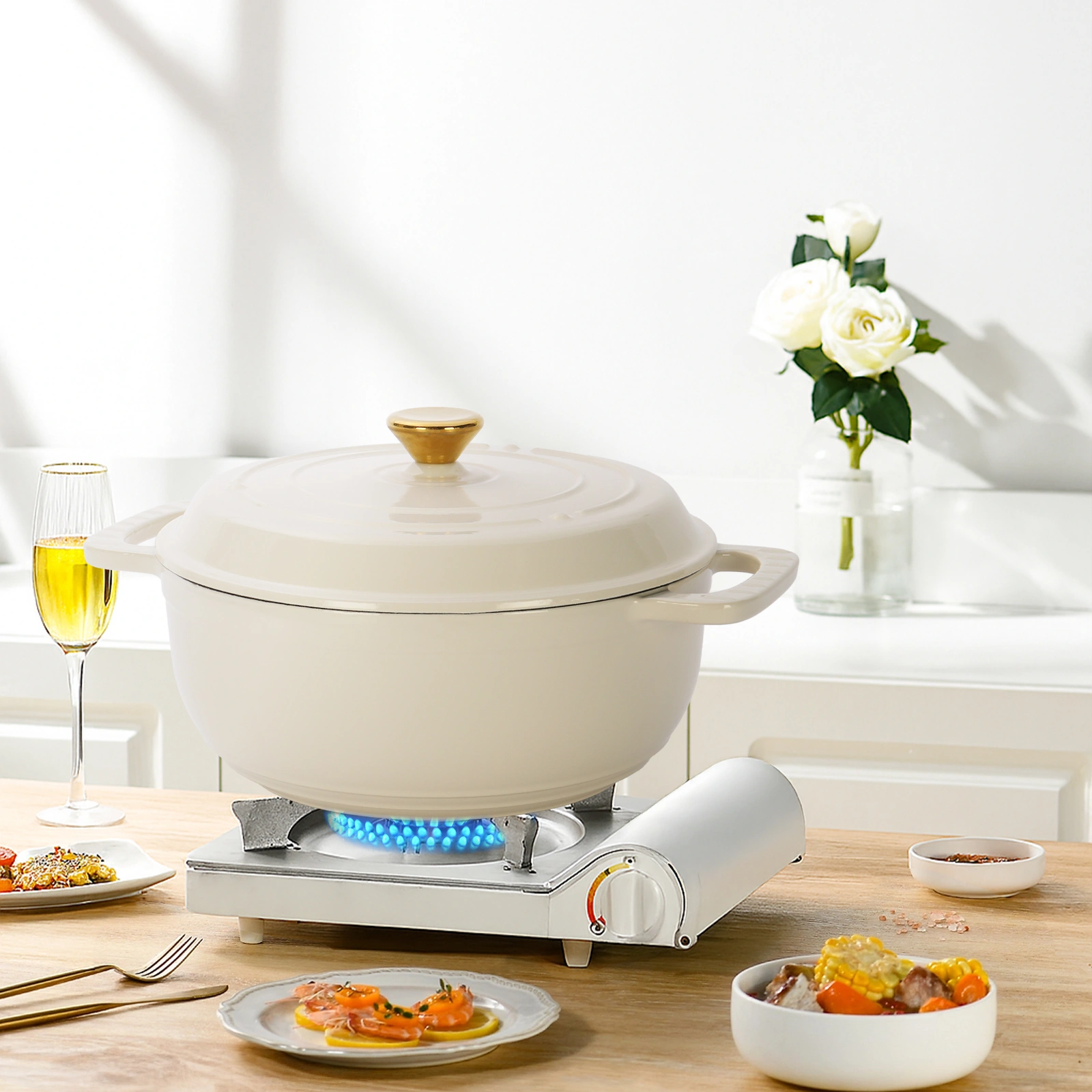 Cast iron 6QT cooking pot - ceramic white - comes with two silicone gloves - Enamel pot view 10