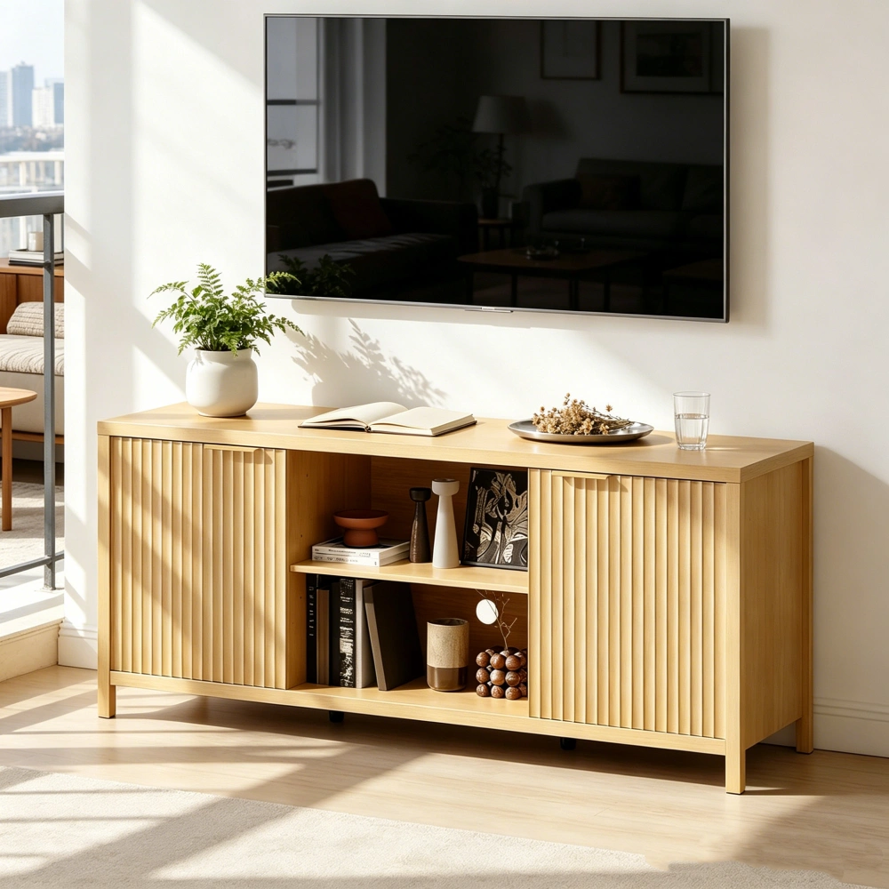 Fluted Double Door Tall TV Stand for TVs up to 70 Inch, Mid Century Media Console Cabinet with Adjustable Open Storage Compartment, Wood Entertainment Center 58.07"L×15.75"D×24.80"H for Living Room Bedroom, Natural Wood