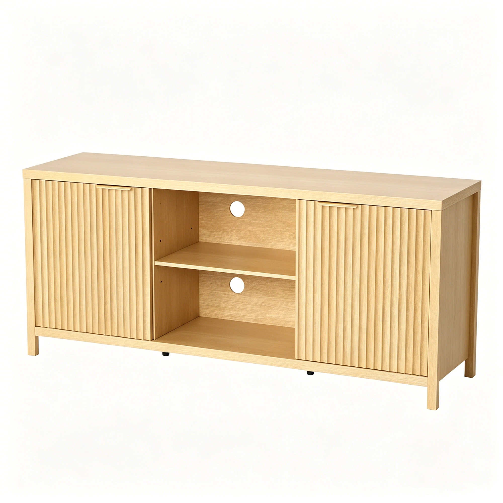 Fluted Double Door Tall TV Stand for TVs up to 70 Inch, Mid Century Media Console Cabinet with Adjustable Open Storage Compartment, Wood Entertainment Center 58.07"L×15.75"D×24.80"H for Living Room Bedroom, Natural Wood view 8
