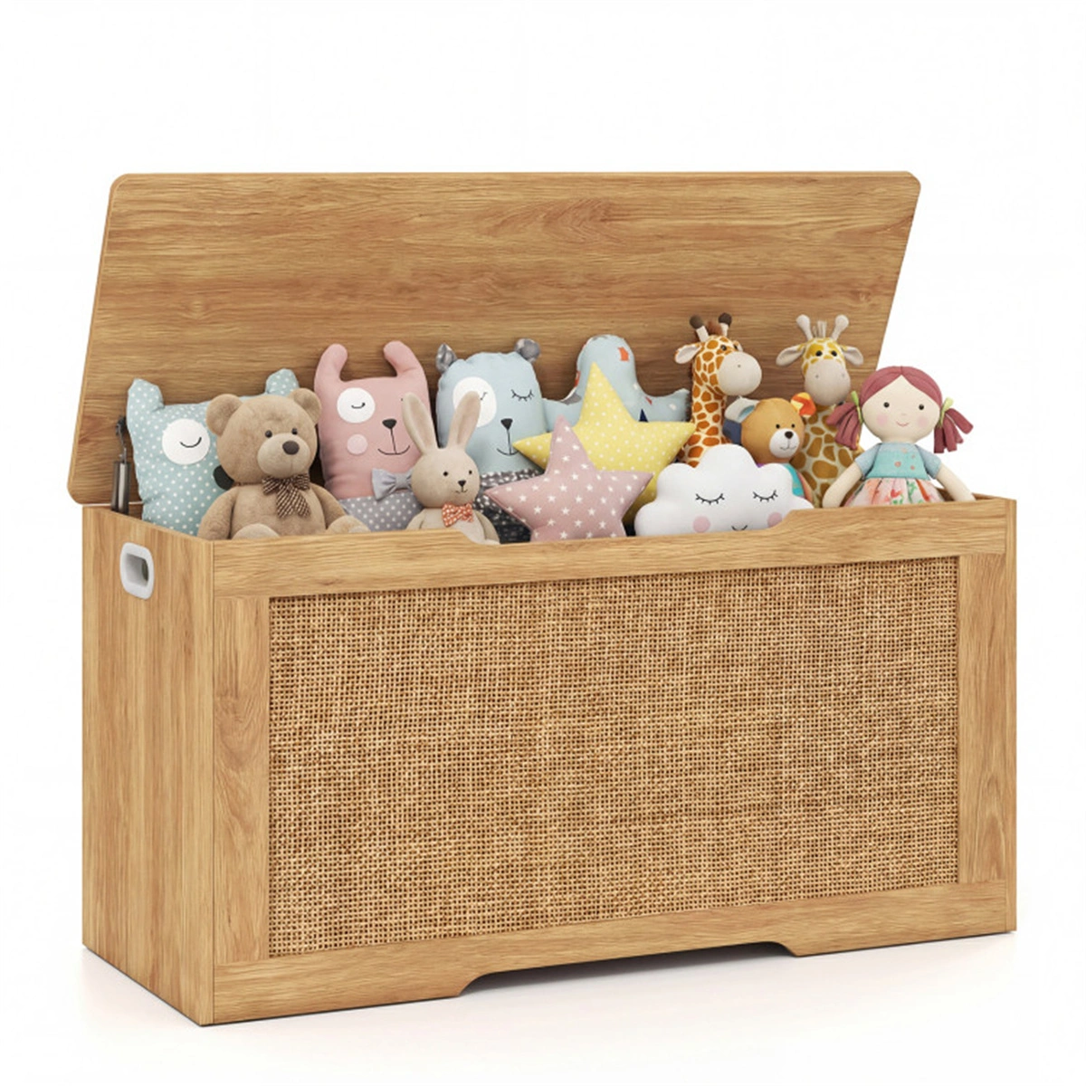 39 Gallon Wooden Toy Box Storage Chest with Soft Close Lid, Rattan Look Kids Storage Bench for Playroom Bedroom