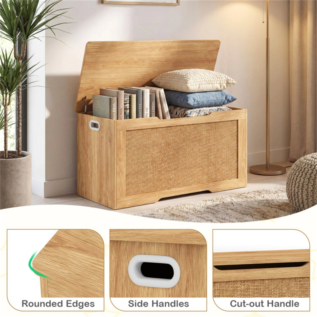 39 Gallon Wooden Toy Box Storage Chest with Soft Close Lid, Rattan Look Kids Storage Bench for Playroom Bedroom view 8