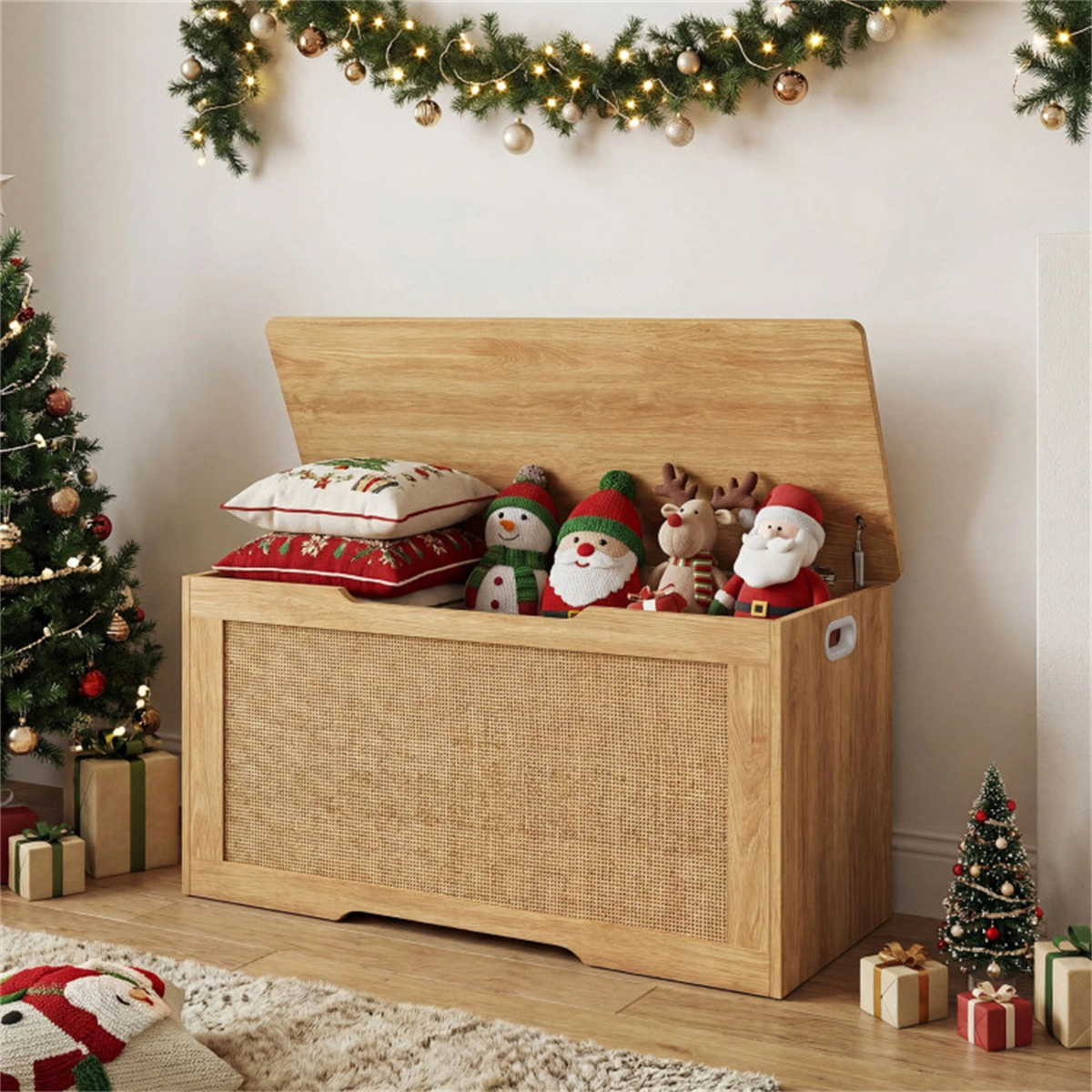 39 Gallon Wooden Toy Box Storage Chest with Soft Close Lid, Rattan Look Kids Storage Bench for Playroom Bedroom view 9