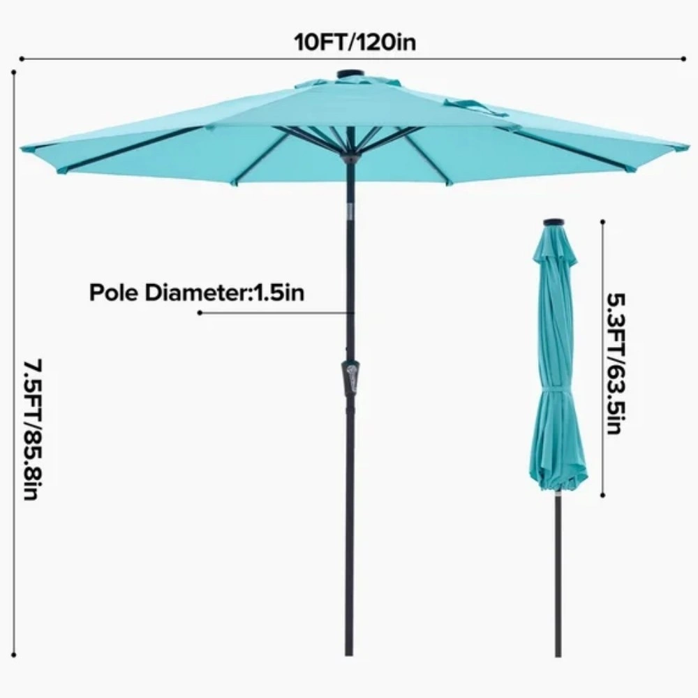 10 ft Patio Umbrella for Table, Outdoor Sun Umbrella with 32 LED Solar Lights, Lake Blue view 2