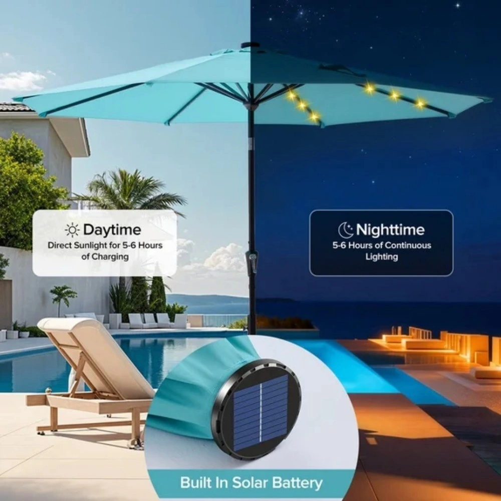 10 ft Patio Umbrella for Table, Outdoor Sun Umbrella with 32 LED Solar Lights, Lake Blue view 6