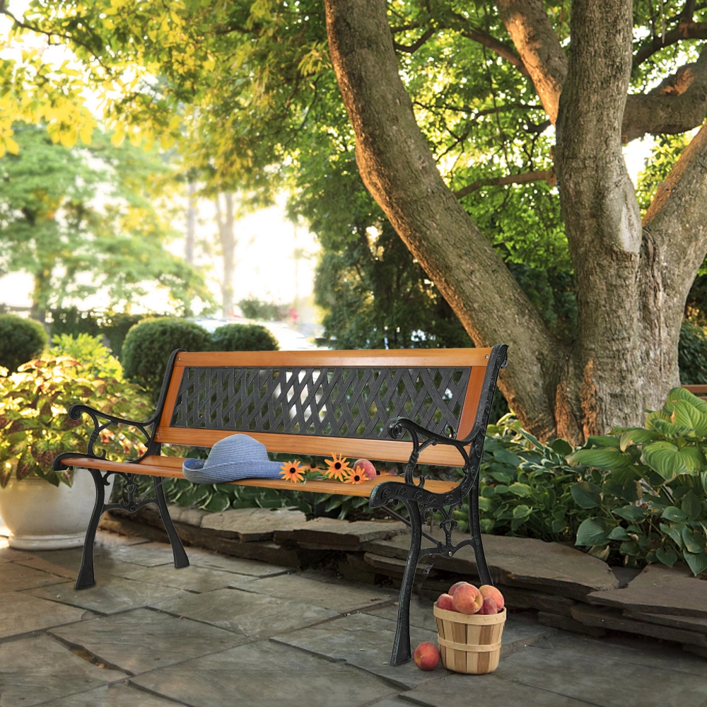 49" Garden Bench Patio Porch Chair Deck Hardwood Cast Iron Love Seat Weave Style Back view 10