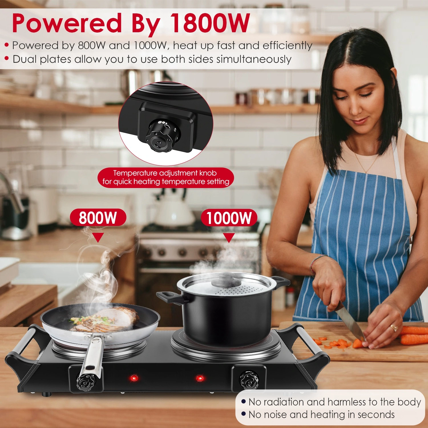 Dual Electric Hot Plate 800W+1000W, 6.3" & 7.5" Glass Plates, 5-Second Quick Heating, Thermostat 338-1022°F Adjustable, Auto Shut-Off, Portable for Camping/College/Kitchen view 10
