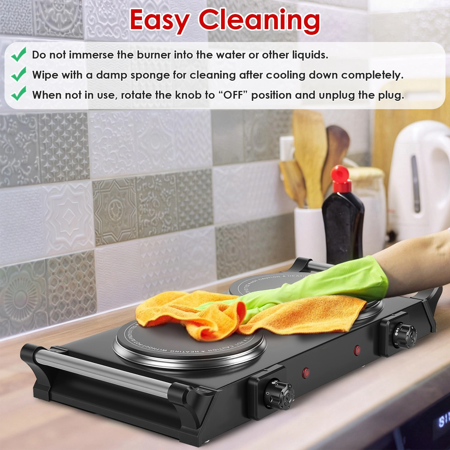 Dual Electric Hot Plate 800W+1000W, 6.3" & 7.5" Glass Plates, 5-Second Quick Heating, Thermostat 338-1022°F Adjustable, Auto Shut-Off, Portable for Camping/College/Kitchen view 11