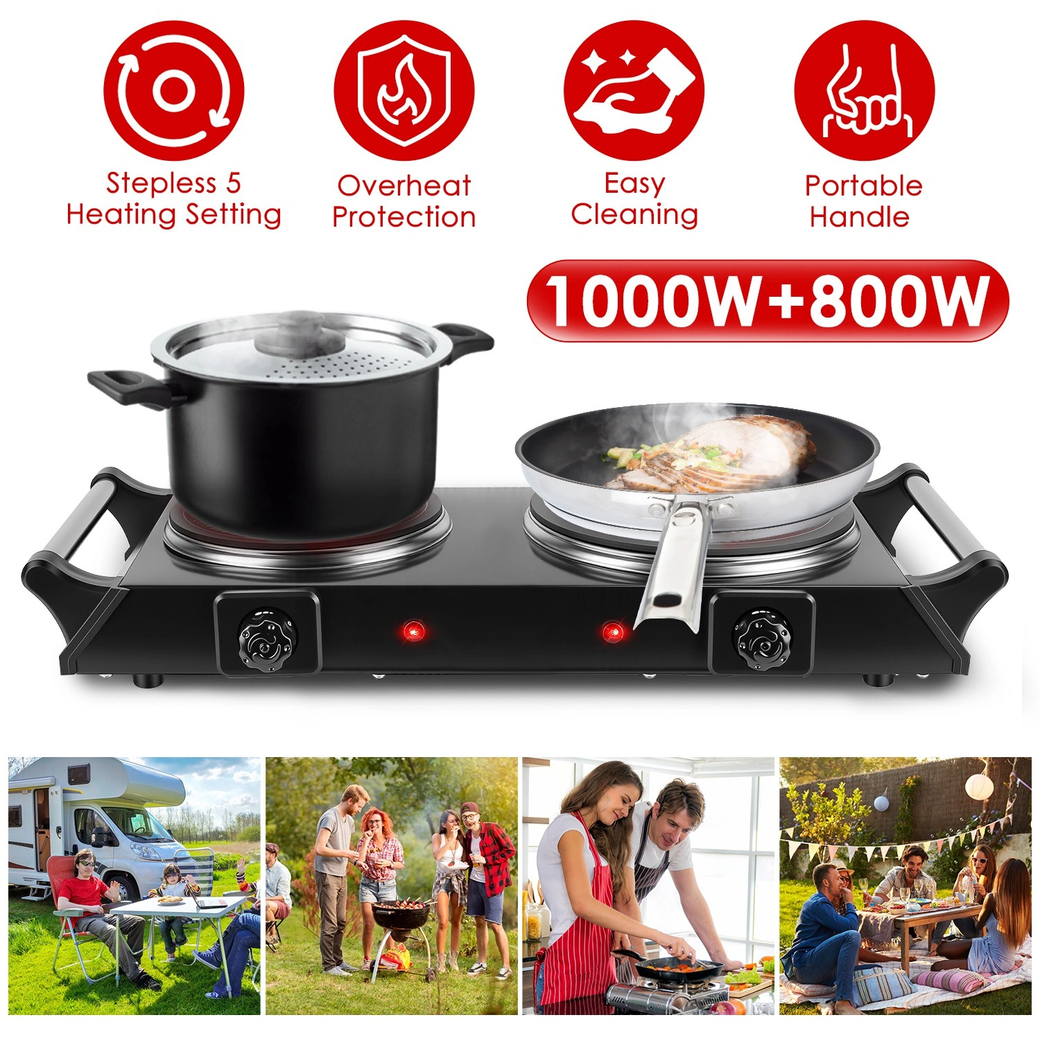 Dual Electric Hot Plate 800W+1000W, 6.3" & 7.5" Glass Plates, 5-Second Quick Heating, Thermostat 338-1022°F Adjustable, Auto Shut-Off, Portable for Camping/College/Kitchen view 12