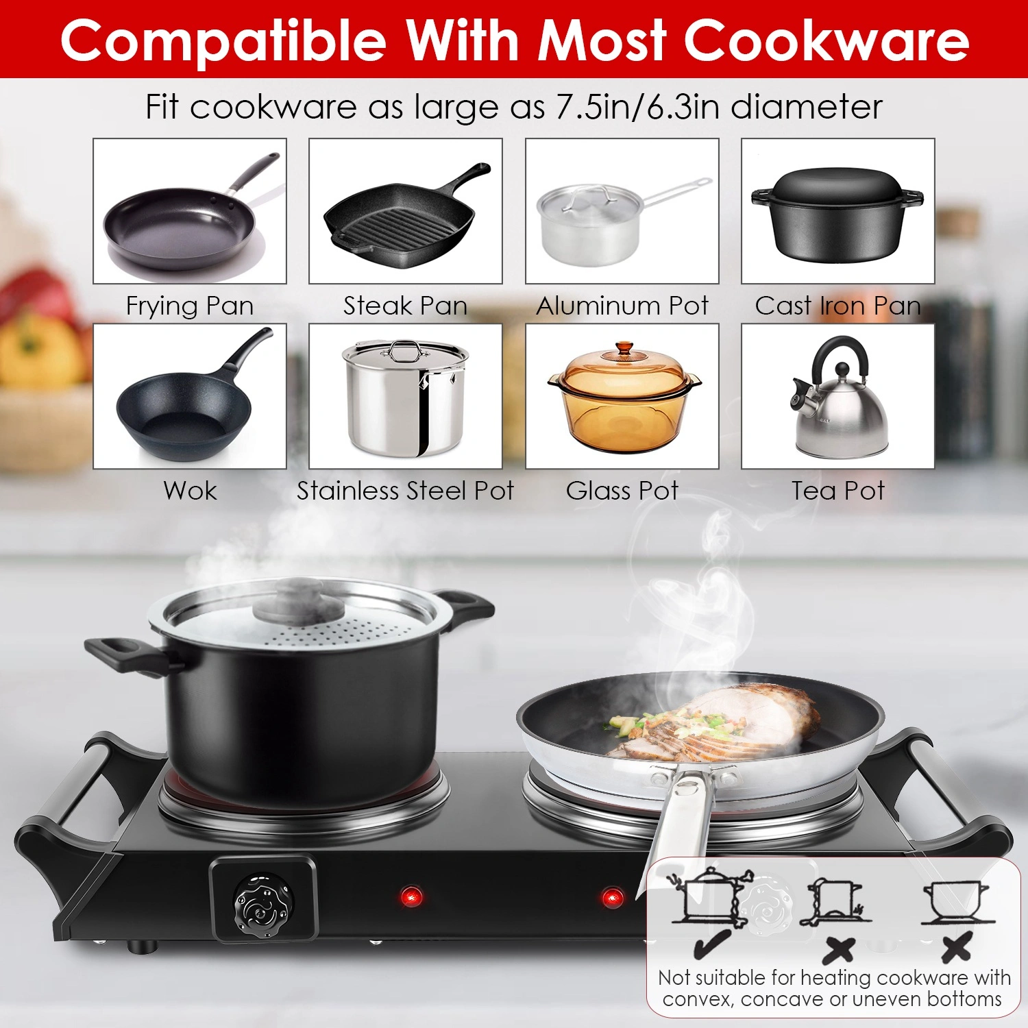 Dual Electric Hot Plate 800W+1000W, 6.3" & 7.5" Glass Plates, 5-Second Quick Heating, Thermostat 338-1022°F Adjustable, Auto Shut-Off, Portable for Camping/College/Kitchen view 2