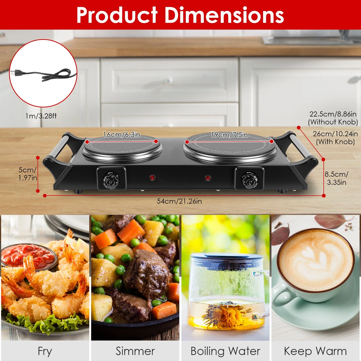Dual Electric Hot Plate 800W+1000W, 6.3" & 7.5" Glass Plates, 5-Second Quick Heating, Thermostat 338-1022°F Adjustable, Auto Shut-Off, Portable for Camping/College/Kitchen view 4