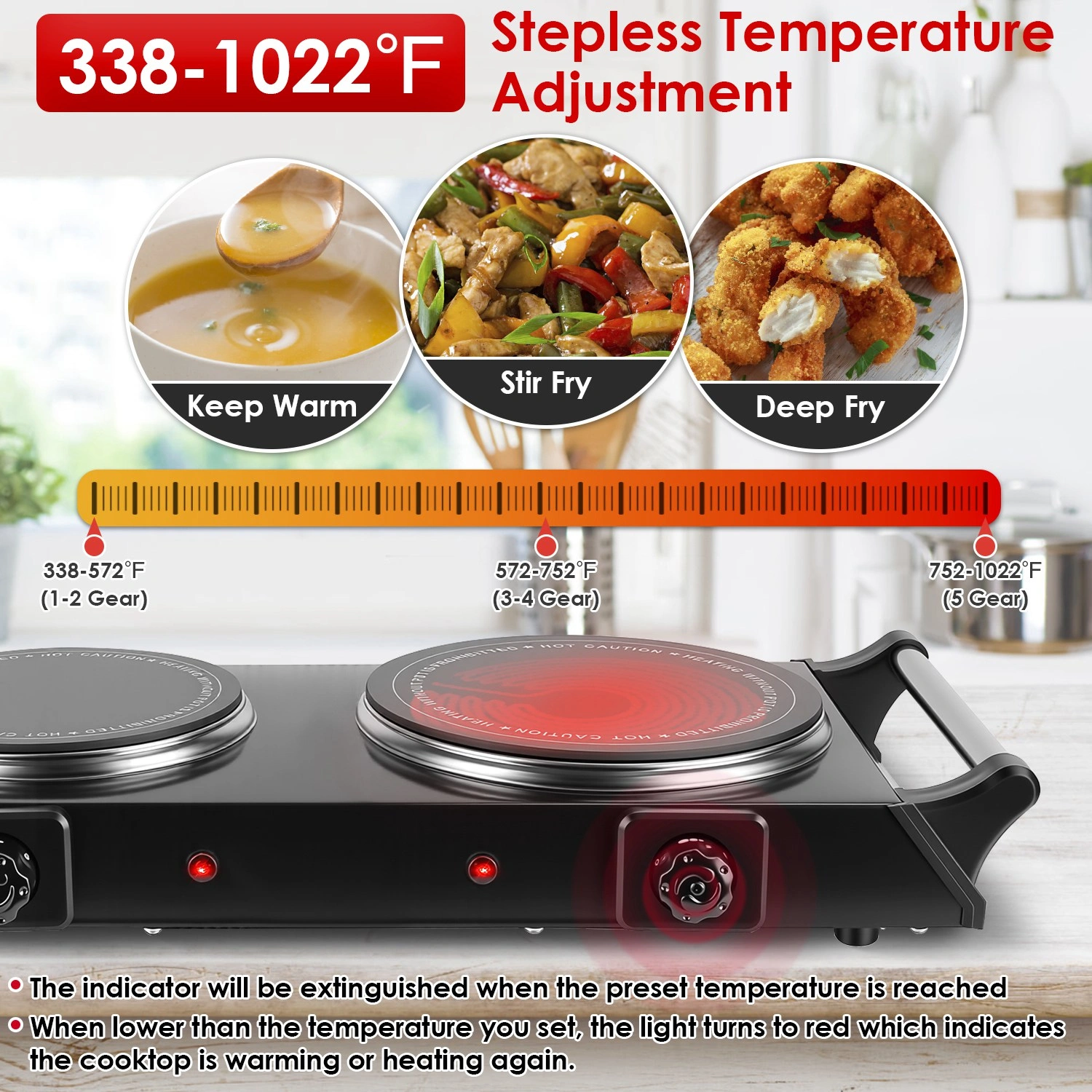 Dual Electric Hot Plate 800W+1000W, 6.3" & 7.5" Glass Plates, 5-Second Quick Heating, Thermostat 338-1022°F Adjustable, Auto Shut-Off, Portable for Camping/College/Kitchen view 6
