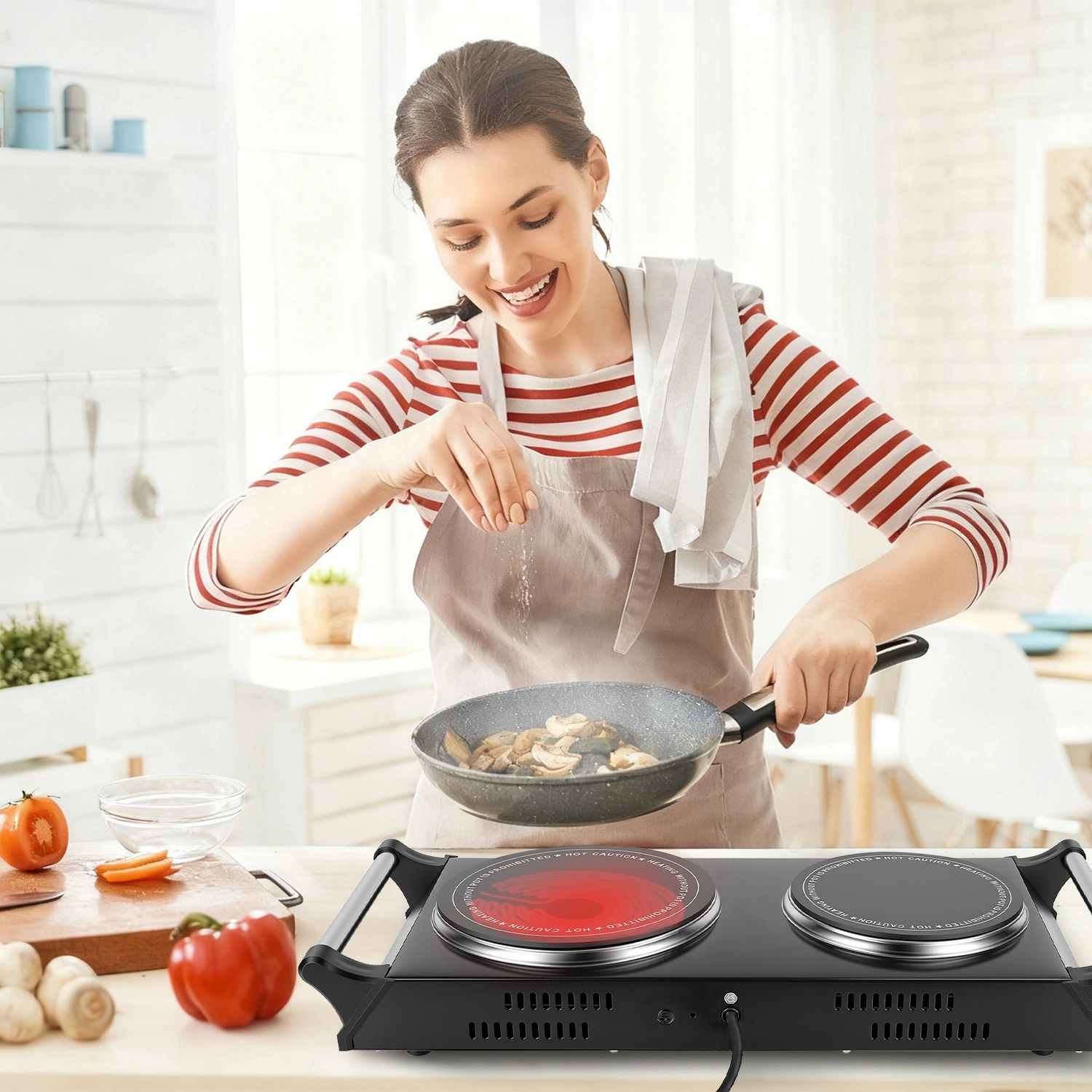 Dual Electric Hot Plate 800W+1000W, 6.3" & 7.5" Glass Plates, 5-Second Quick Heating, Thermostat 338-1022°F Adjustable, Auto Shut-Off, Portable for Camping/College/Kitchen view 7