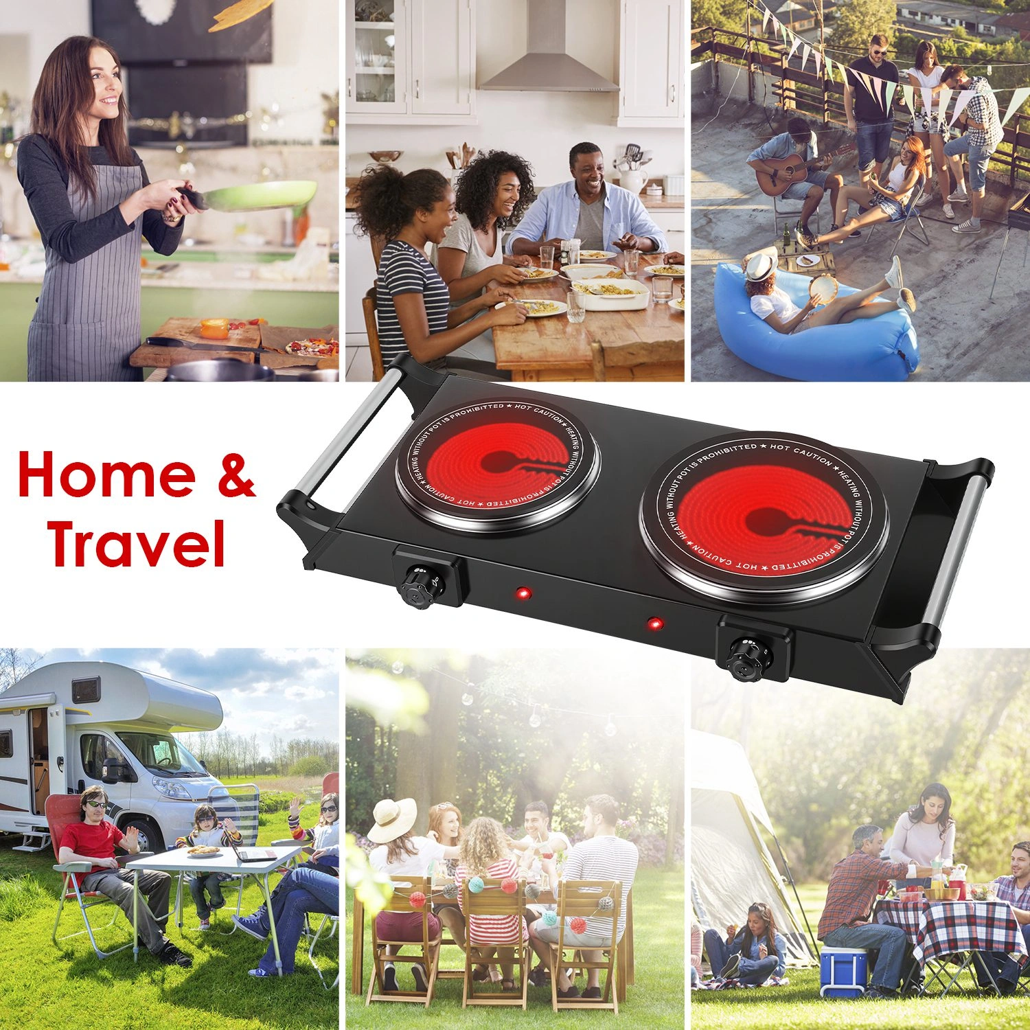 Dual Electric Hot Plate 800W+1000W, 6.3" & 7.5" Glass Plates, 5-Second Quick Heating, Thermostat 338-1022°F Adjustable, Auto Shut-Off, Portable for Camping/College/Kitchen view 8