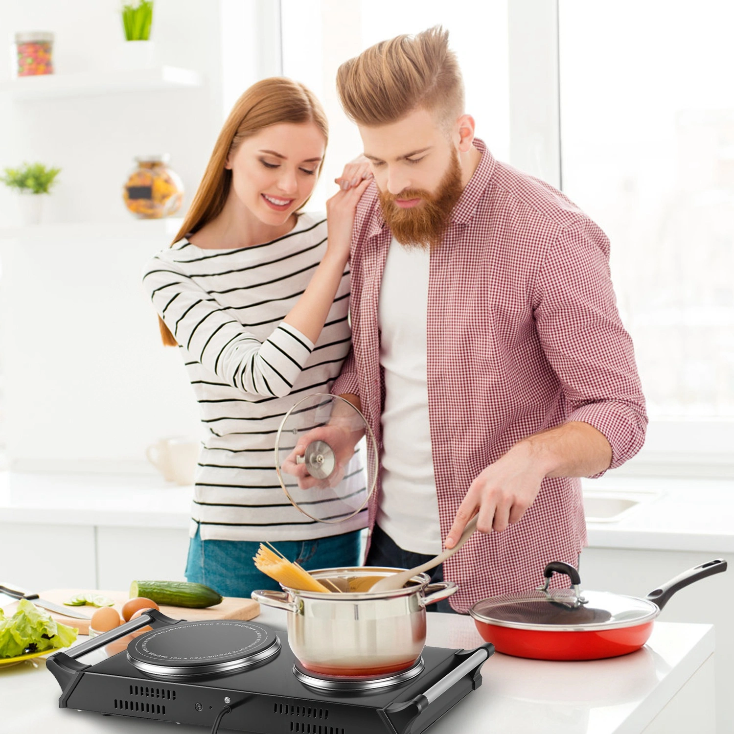 Dual Electric Hot Plate 800W+1000W, 6.3" & 7.5" Glass Plates, 5-Second Quick Heating, Thermostat 338-1022°F Adjustable, Auto Shut-Off, Portable for Camping/College/Kitchen view 9