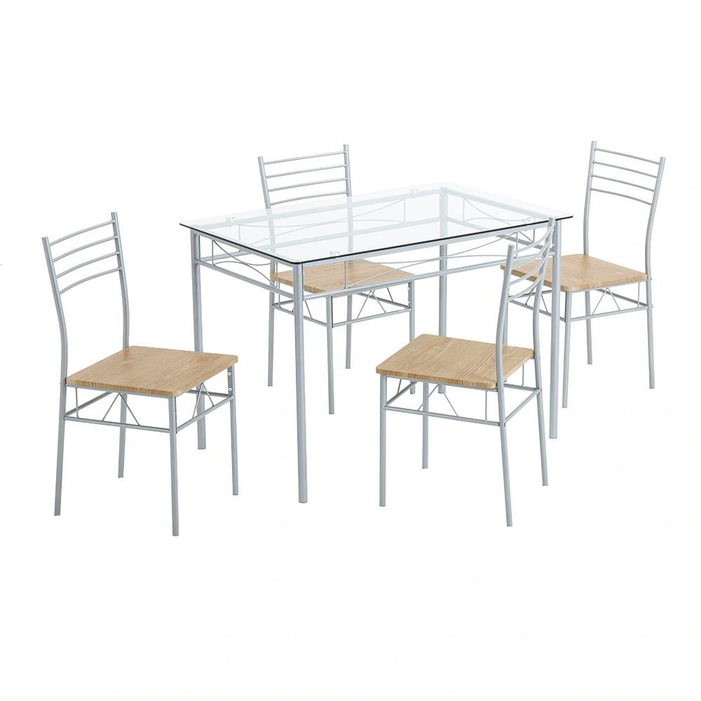 Silver Iron Glass Dining Table Set, 4 Chairs with MDF Cushion Seats, 5-Piece Metal Frame Table and Chair Set for Kitchen view 2