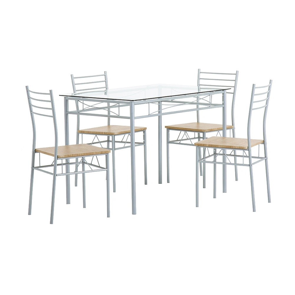 Silver Iron Glass Dining Table Set, 4 Chairs with MDF Cushion Seats, 5-Piece Metal Frame Table and Chair Set for Kitchen view 3