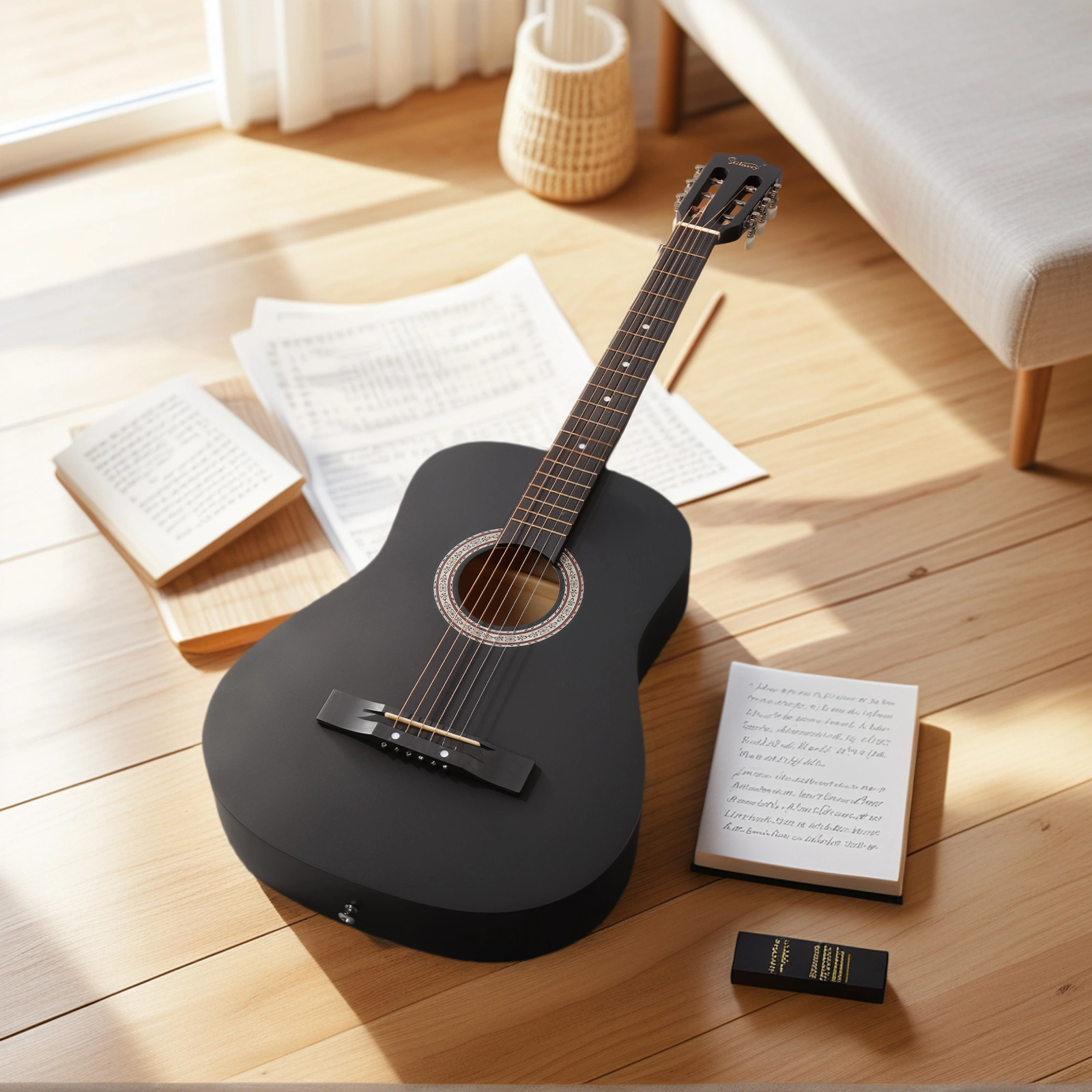 Matte Black 38-inch Round Acoustic Guitar with Picks, Strings, Capo, Case, Tuner, and Strap view 13