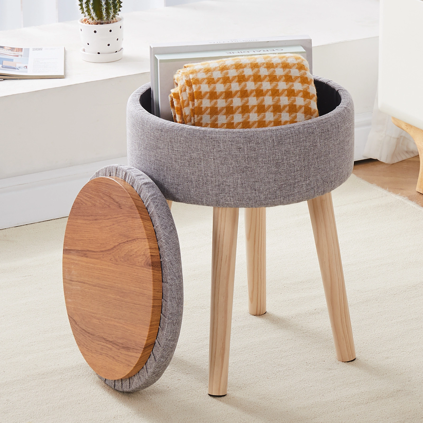 Grey Linen Storage Ottoman Round Vanity Stool with Wood Legs & Tray Top, Multifunctional Foot Rest for Living Room Bathroom