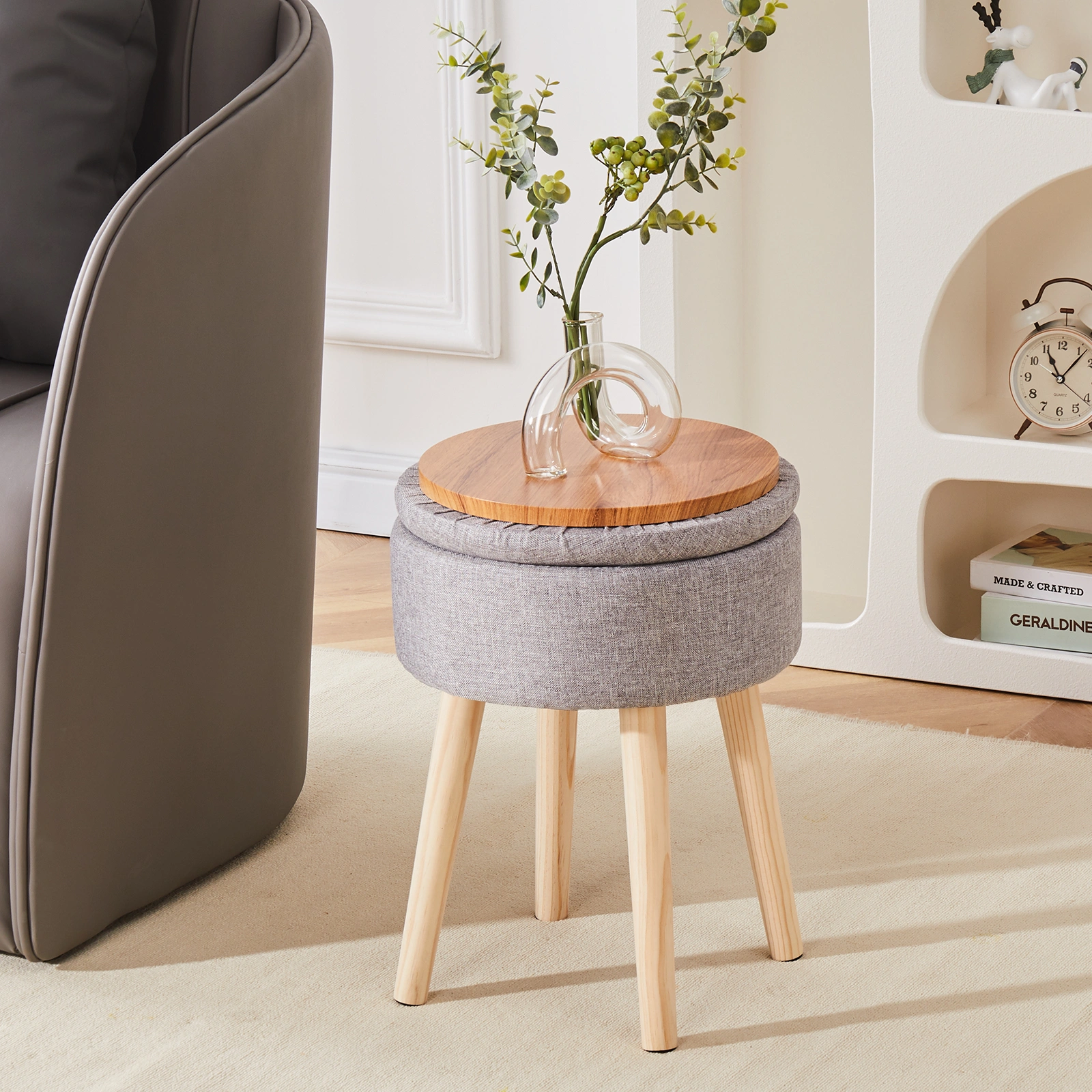 Grey Linen Storage Ottoman Round Vanity Stool with Wood Legs & Tray Top, Multifunctional Foot Rest for Living Room Bathroom view 2