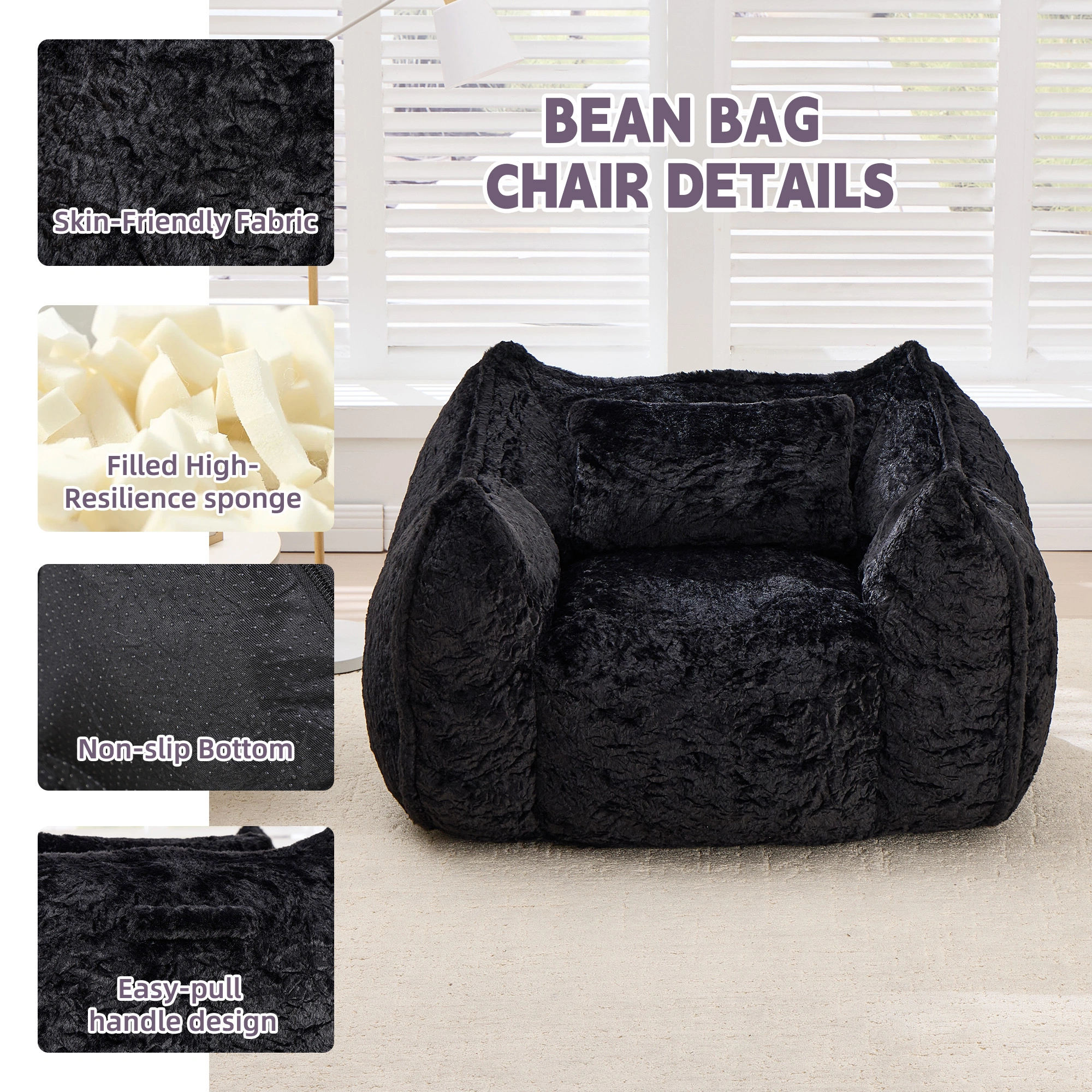 Giant Bean Bag Chair with Pillow, Faux Fur Floor Sofa for Adults & Kids, Comfy Large Beanbags for Living Room Bedroom Apartment, Black view 4
