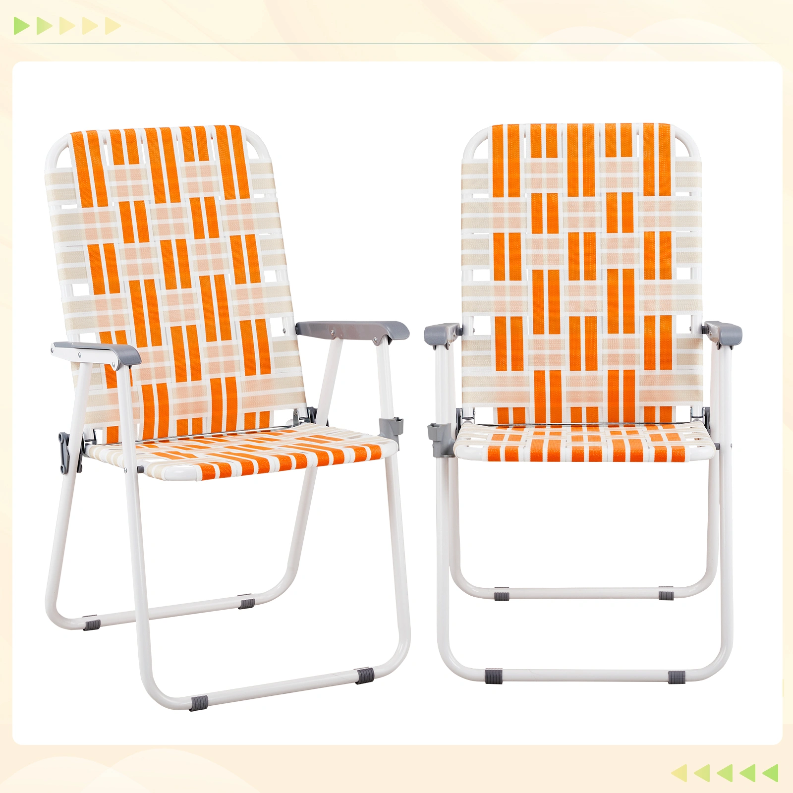 Set of 2 Webbed Folding Beach Chairs, Outdoor Patio Lawn Foldable Chairs for Camping Fishing Yard Poolside BBQ, Orange & White view 12