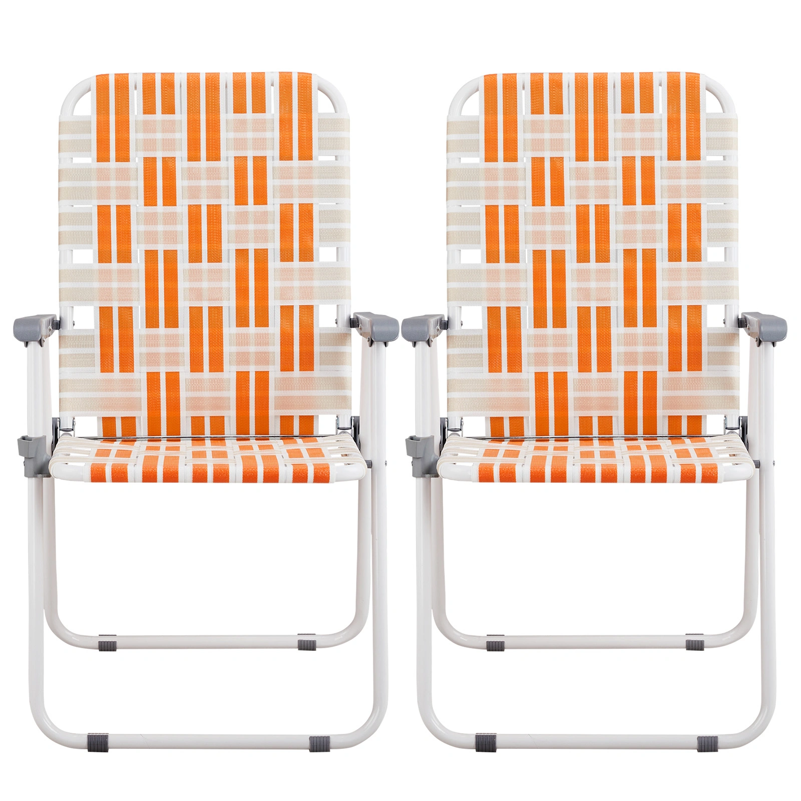 Set of 2 Webbed Folding Beach Chairs, Outdoor Patio Lawn Foldable Chairs for Camping Fishing Yard Poolside BBQ, Orange & White view 14