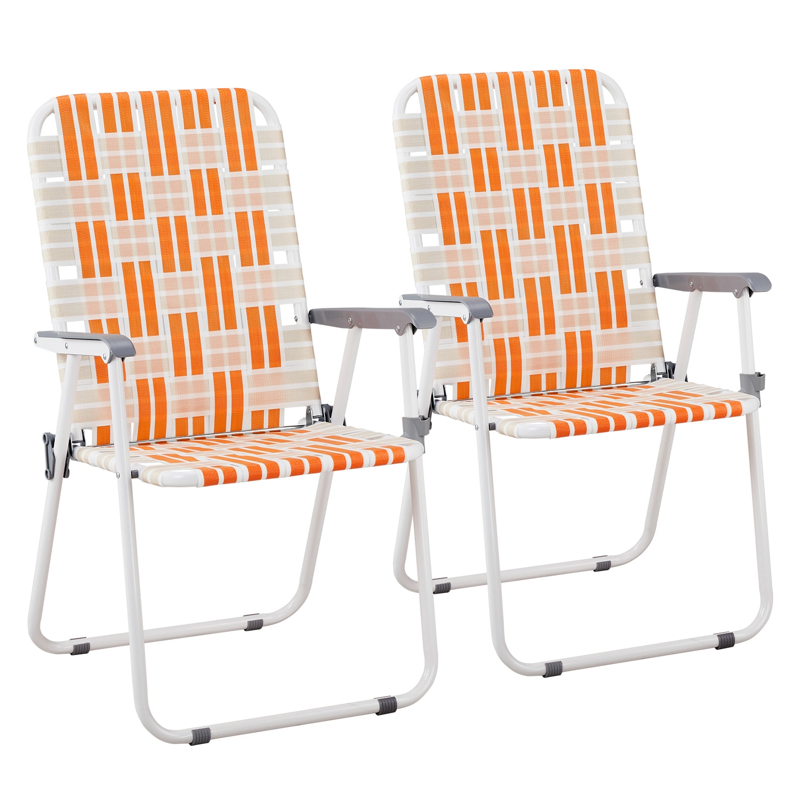Set of 2 Webbed Folding Beach Chairs, Outdoor Patio Lawn Foldable Chairs for Camping Fishing Yard Poolside BBQ, Orange & White view 15