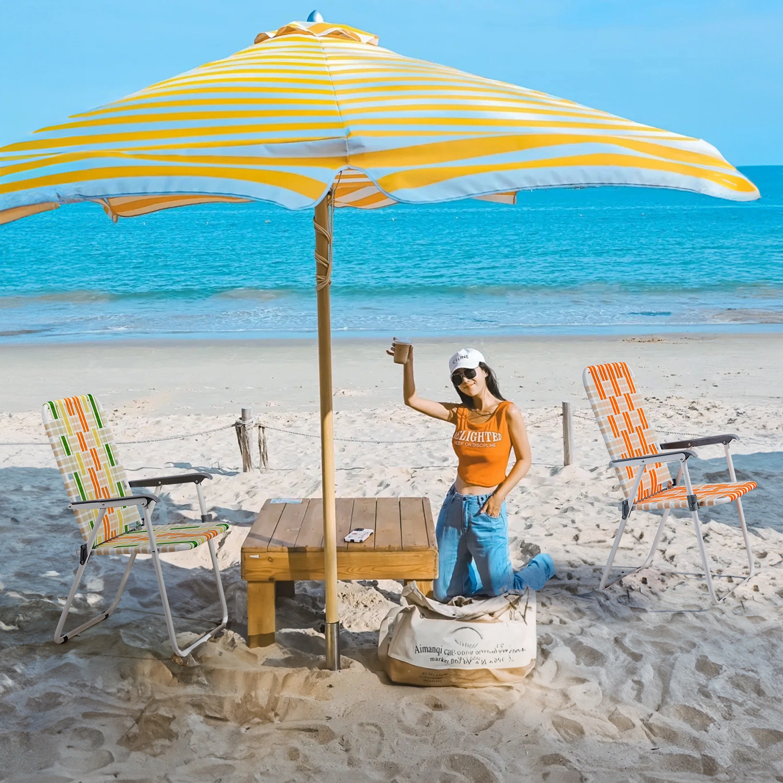 Set of 2 Webbed Folding Beach Chairs, Outdoor Patio Lawn Foldable Chairs for Camping Fishing Yard Poolside BBQ, Orange & White view 18